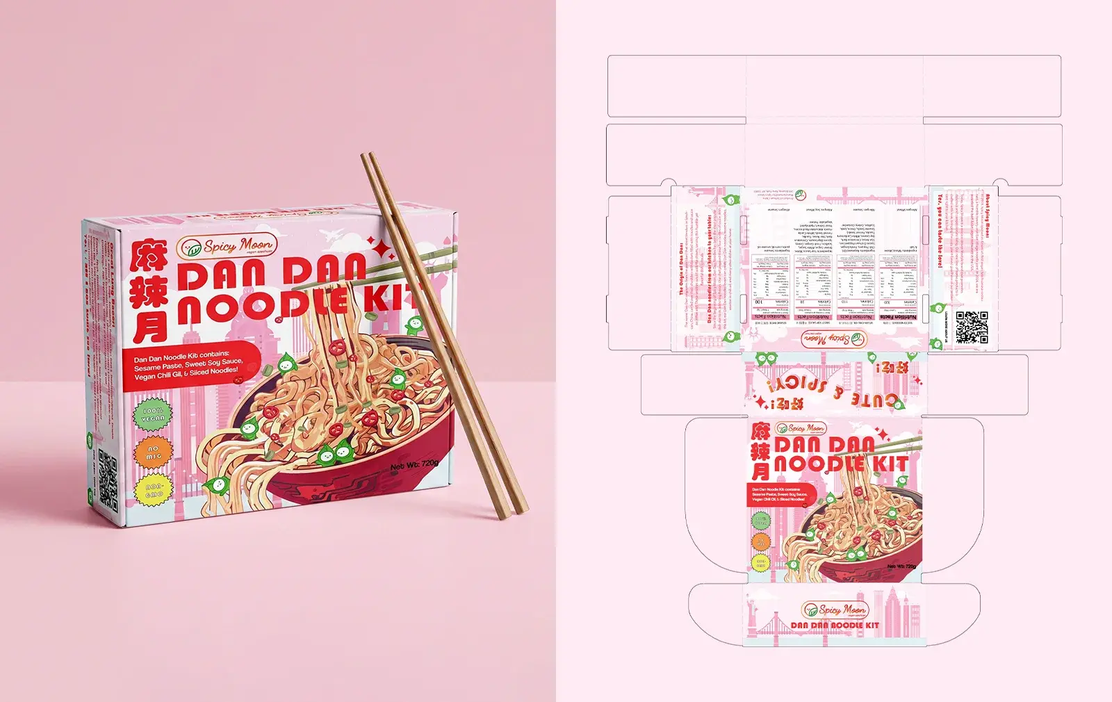 Box beauty shot with chopsticks beside the full dieline with per-component nutrition panels