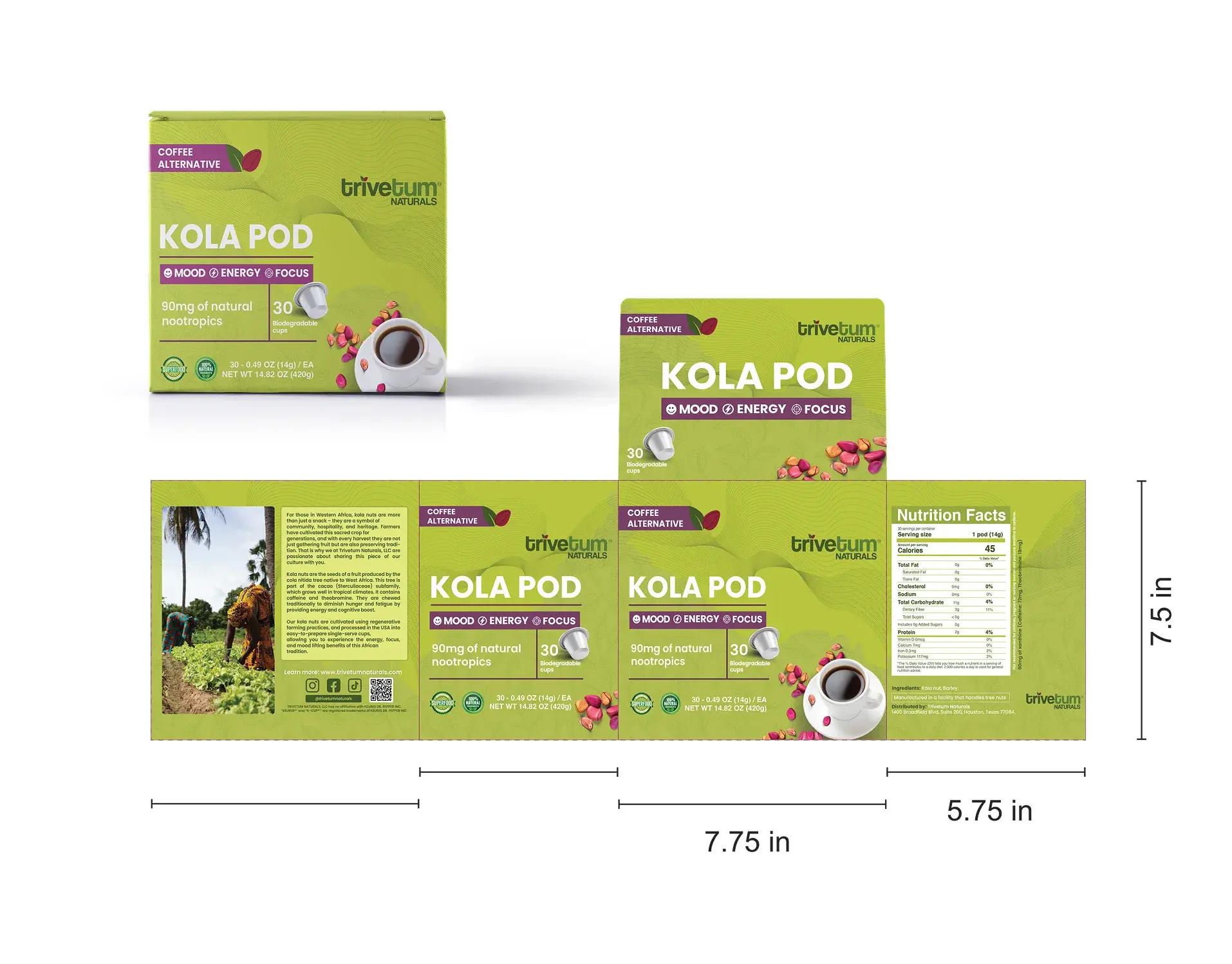 Kola Pod carton layout with panel dimensions, the Western Africa kola story, and the nutrition facts panel