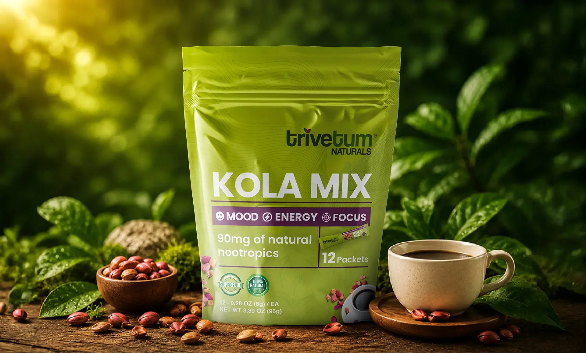Kola Mix stand-up pouch of 12 packets photographed among coffee leaves