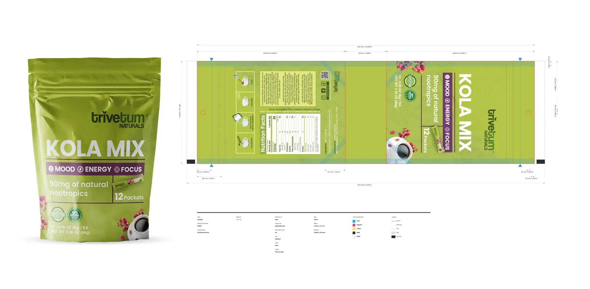 Kola Mix pouch beside its full print dieline with brew steps and colour specification
