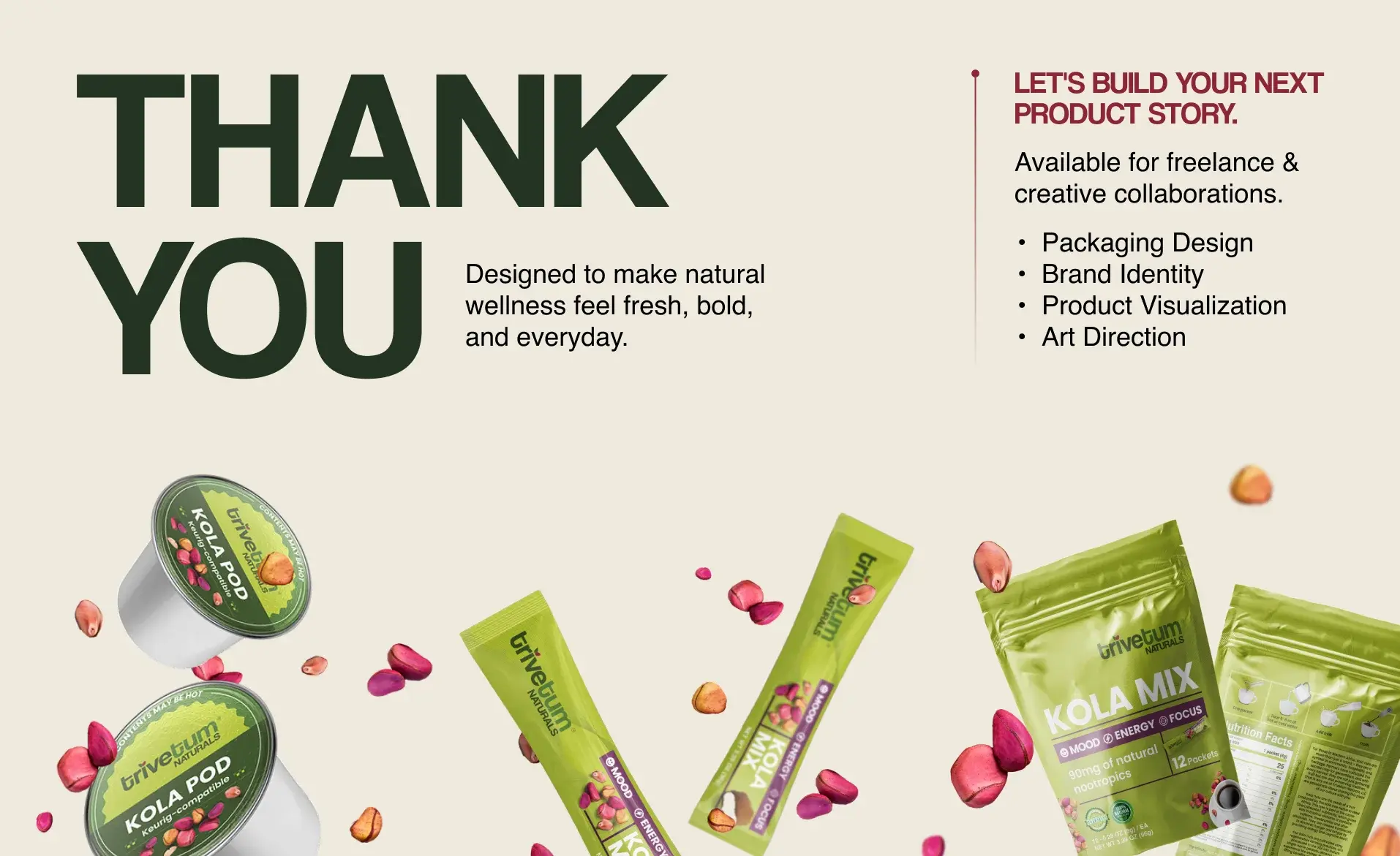Closing thank-you slide with the full Kola product family and the services list