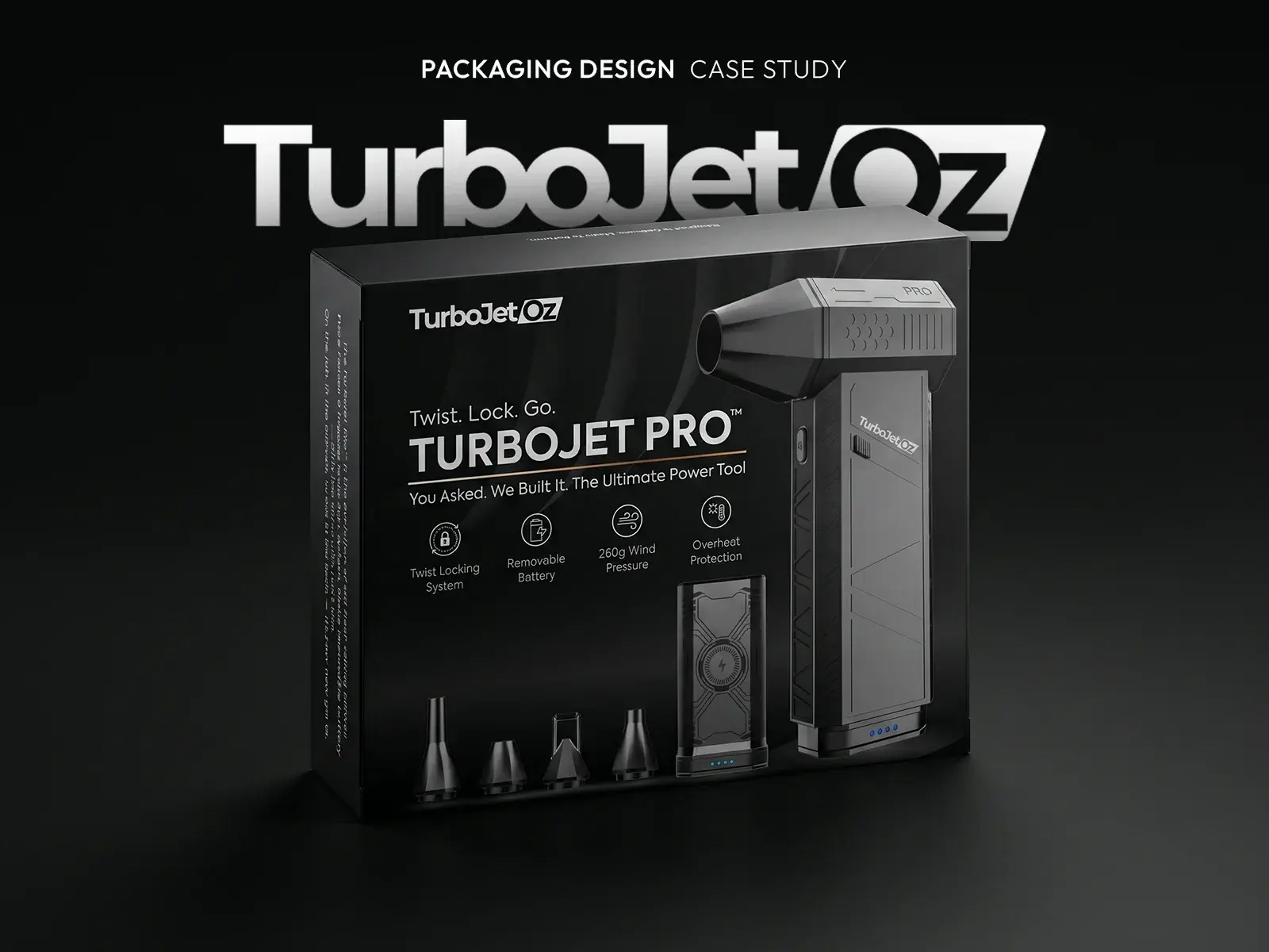 Case study title slide: the black Turbojet Pro box with the twist lock go front panel and feature icons