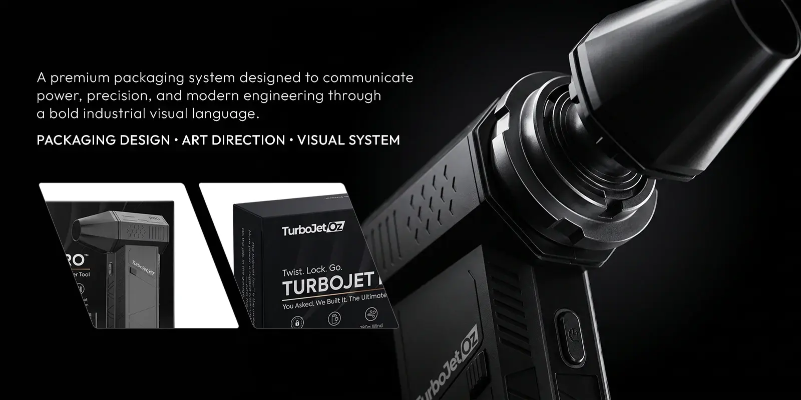 A premium packaging system communicating power, precision and modern engineering, over a macro of the tool