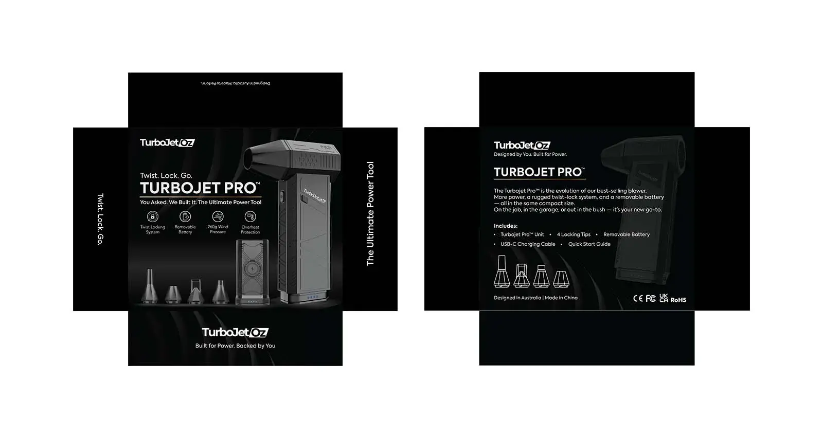 Front and back box layouts with the includes list, compliance marks, and the designed in Australia line