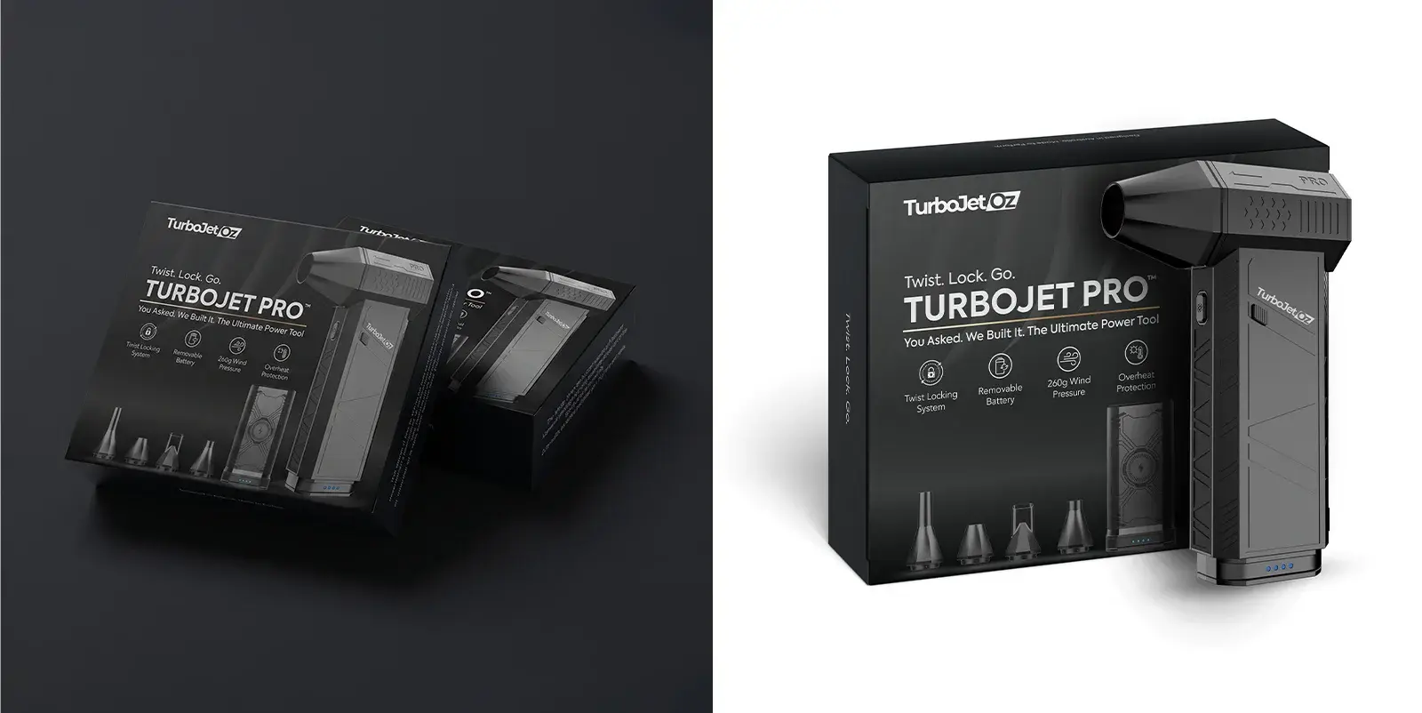 Two dark mockup shots of the Turbojet Pro box
