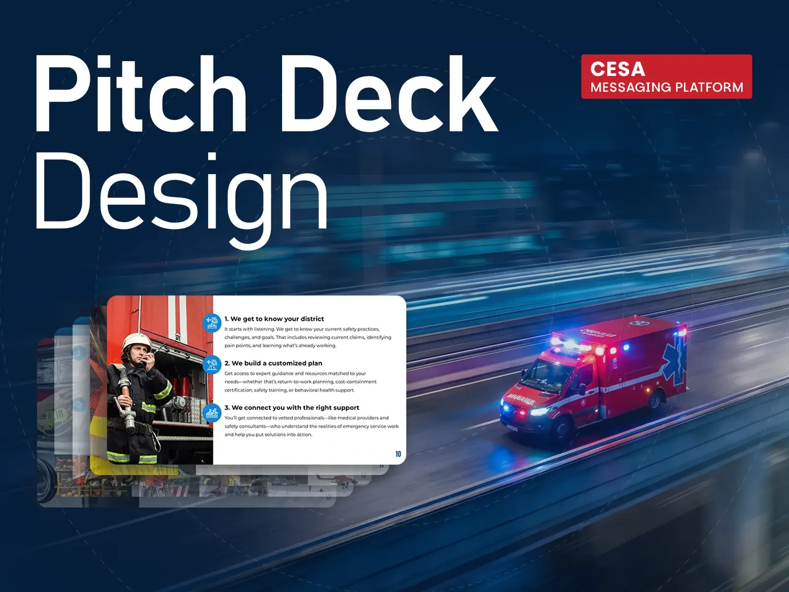 CESA messaging platform pitch deck design title slide over a motion-blurred blue background