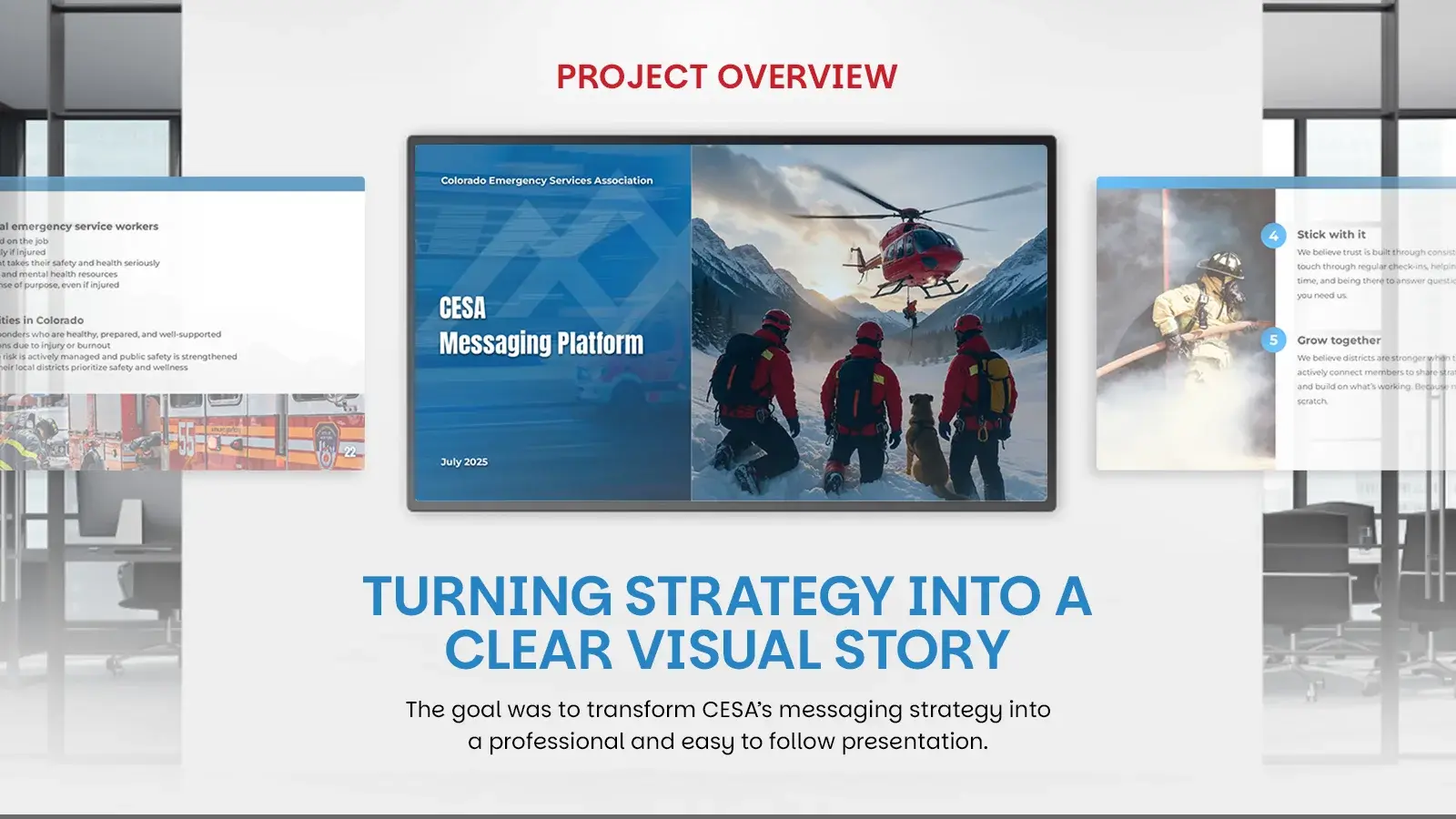 Turning strategy into a clear visual story, with the deck shown on an office wall screen