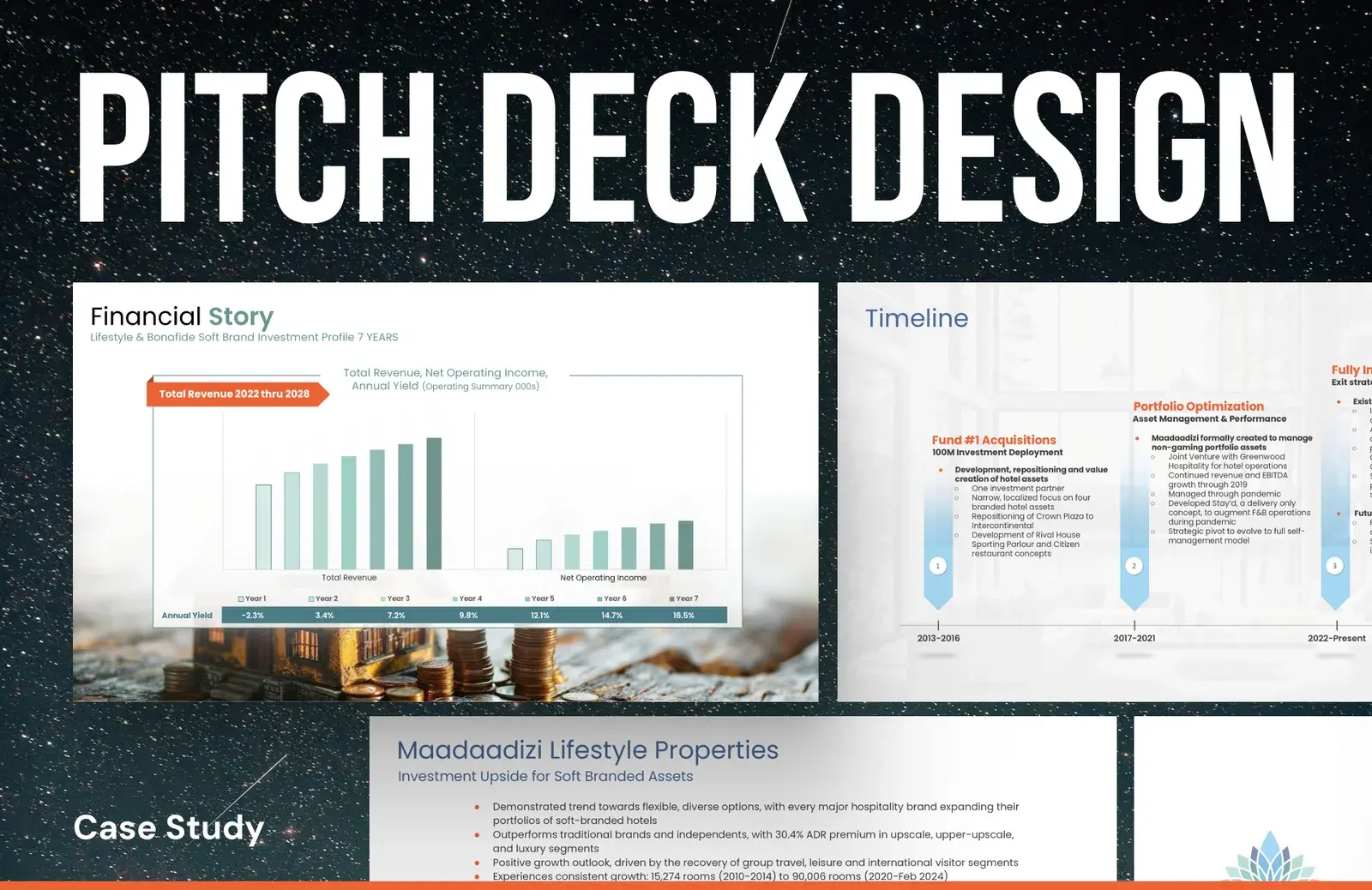 Maadaadizi pitch deck design title slide on a starfield, with the financial story and timeline slides beneath it