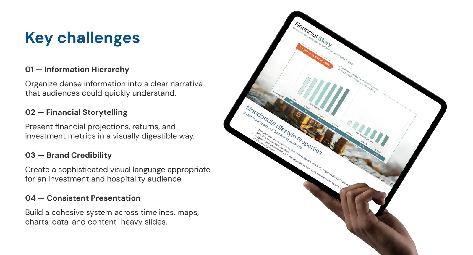 Key challenges slide listing information hierarchy, financial storytelling, brand credibility and consistent presentation
