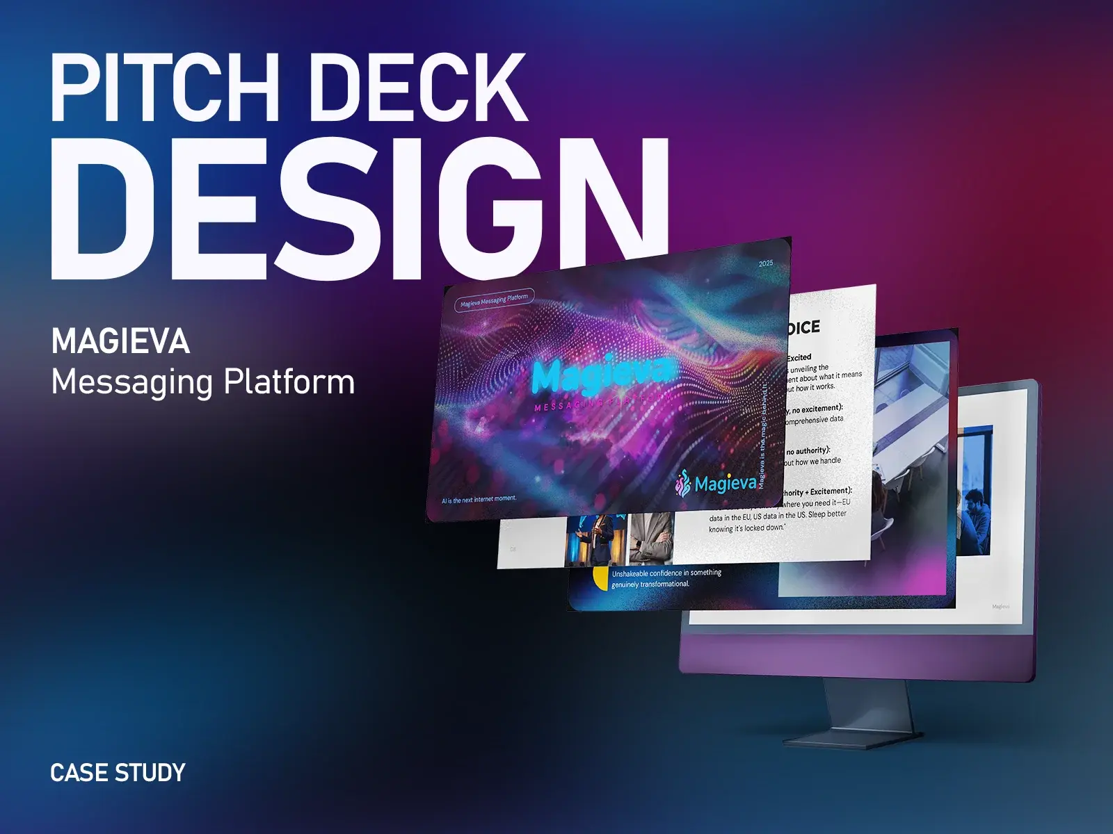 Magieva messaging platform pitch deck design title slide, with the deck shown on a purple iMac