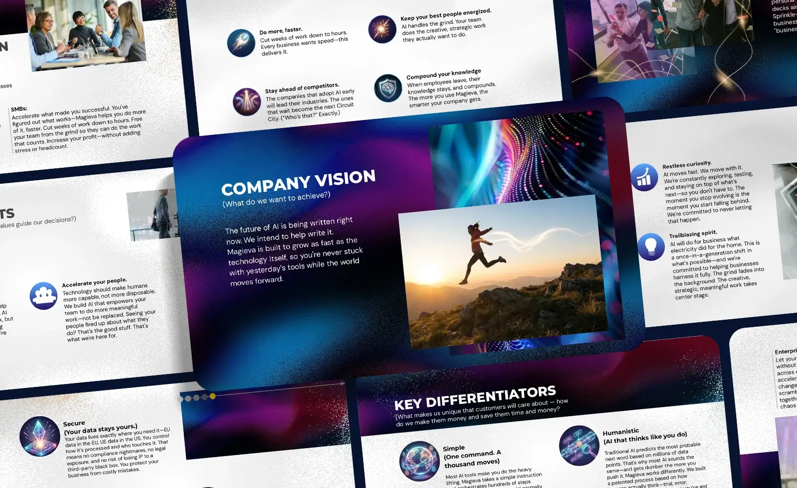 Company vision and key differentiator slides arranged across a dark gradient