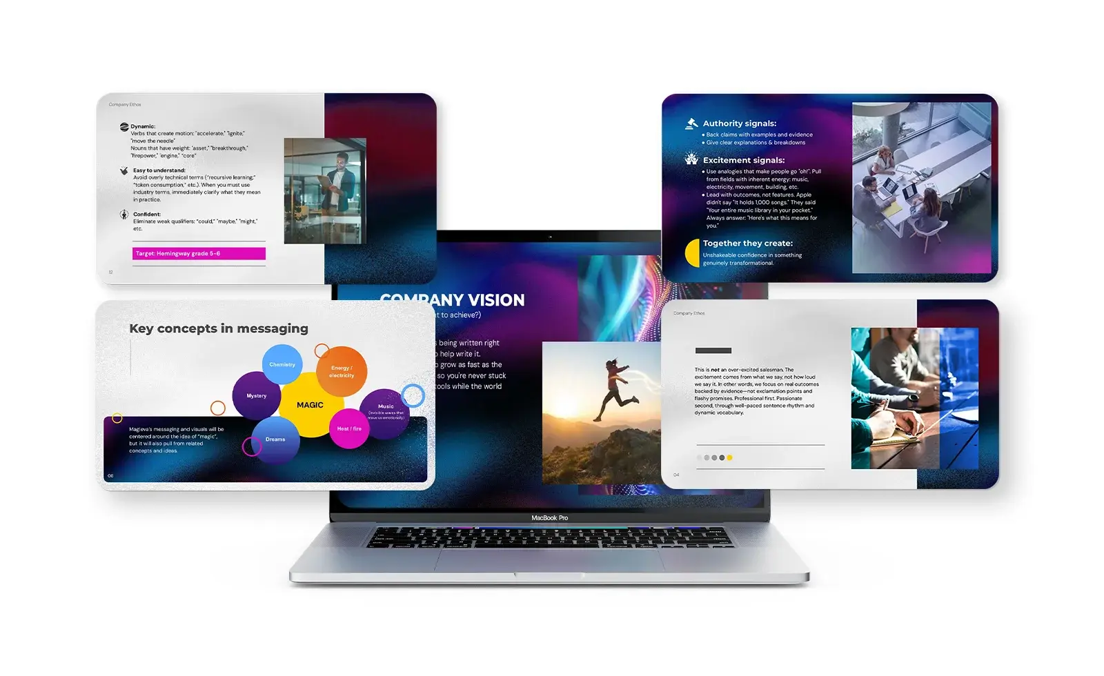 The deck's key concepts, company vision and brand voice slides shown together on a laptop
