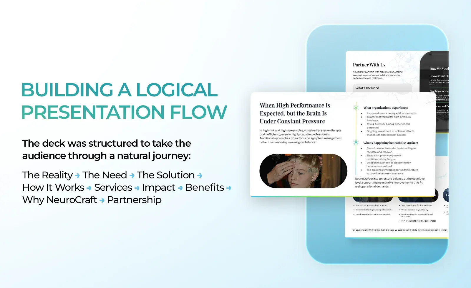 Building a logical presentation flow, listing the nine steps from the reality to partnership beside the deck on a phone