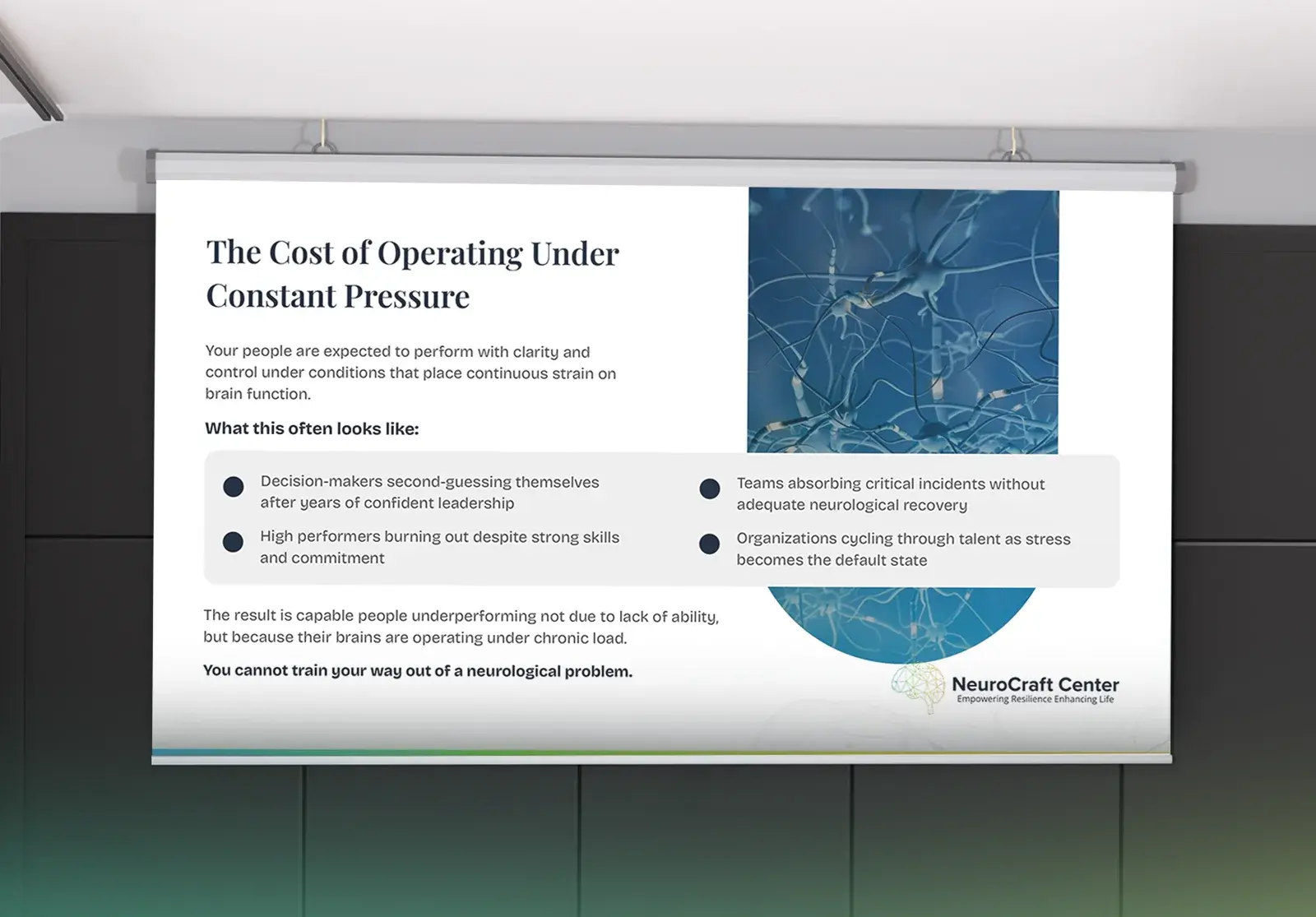 The cost of operating under constant pressure slide projected on a boardroom screen