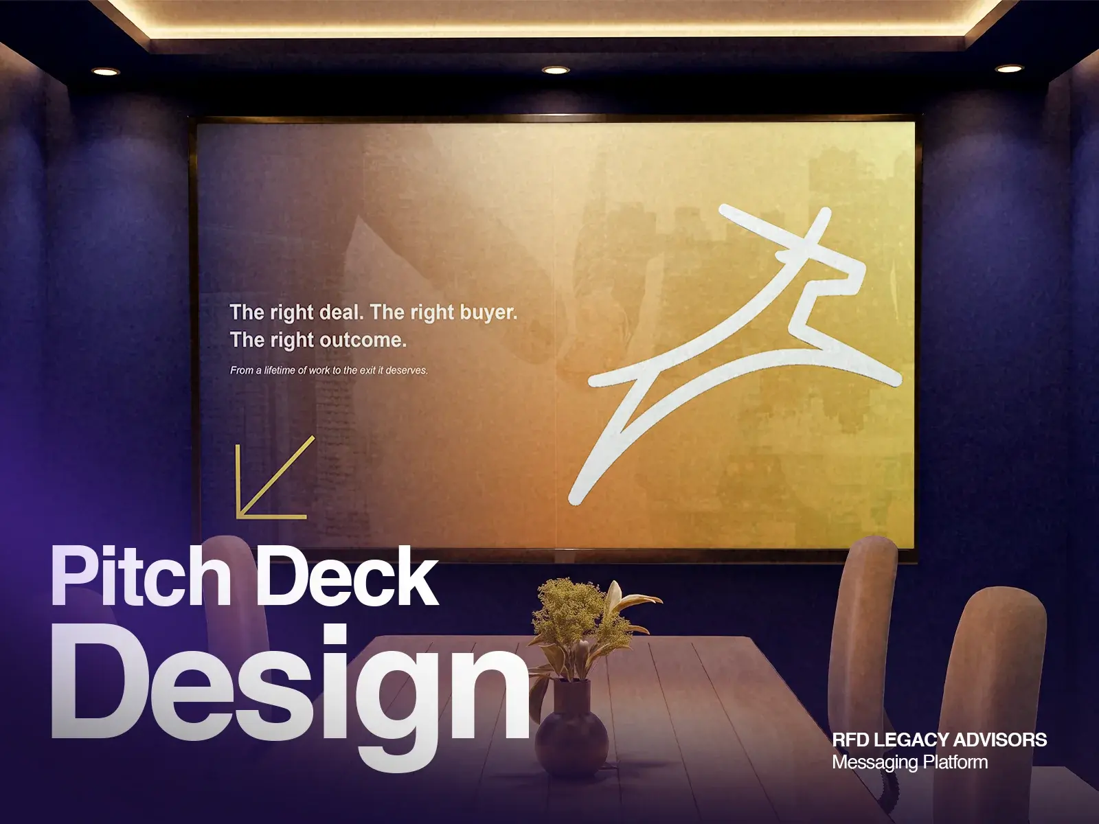 RFD Legacy Advisors pitch deck design title slide, with the deck on a boardroom screen