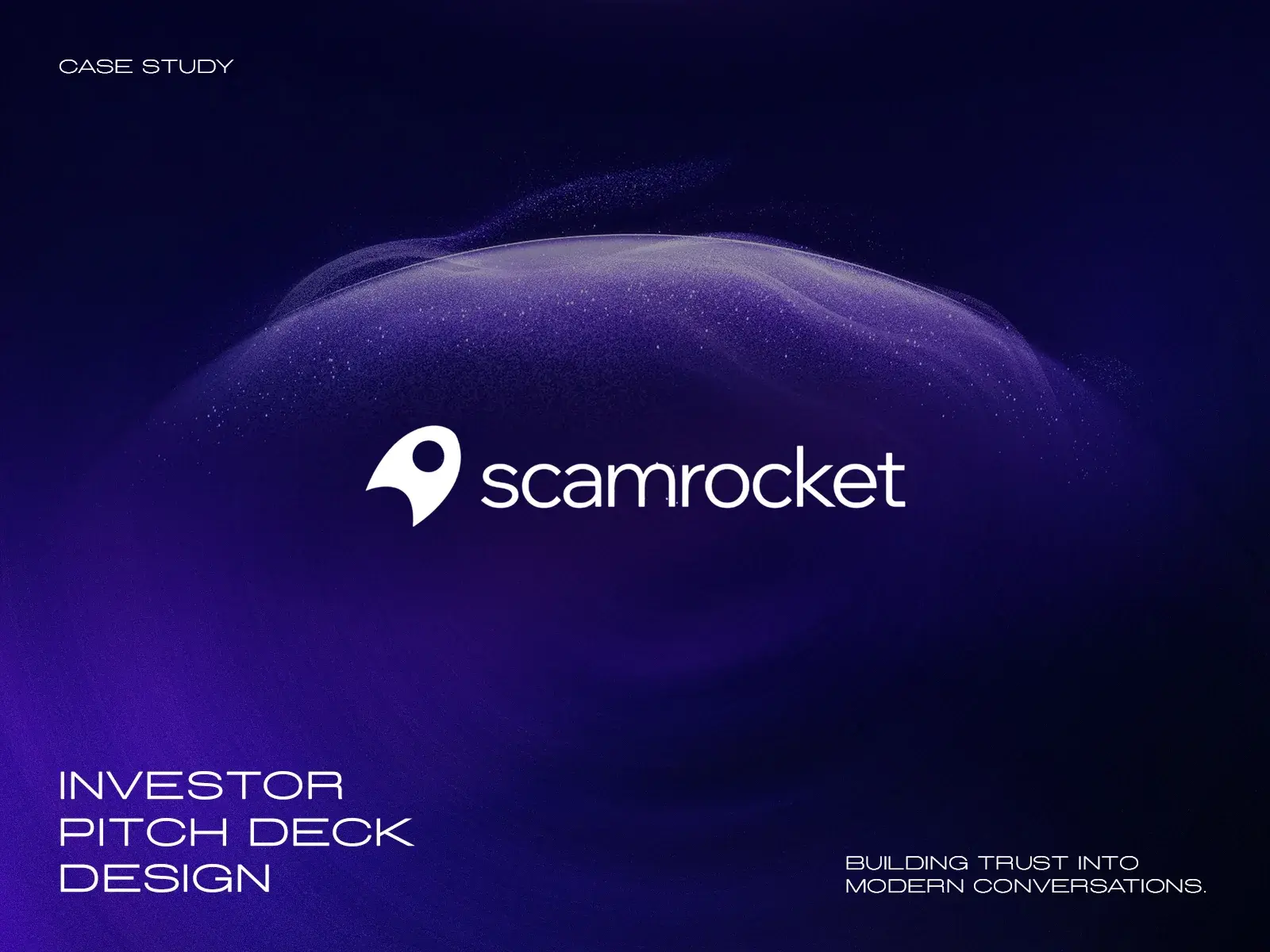 ScamRocket investor pitch deck title slide on a deep purple background