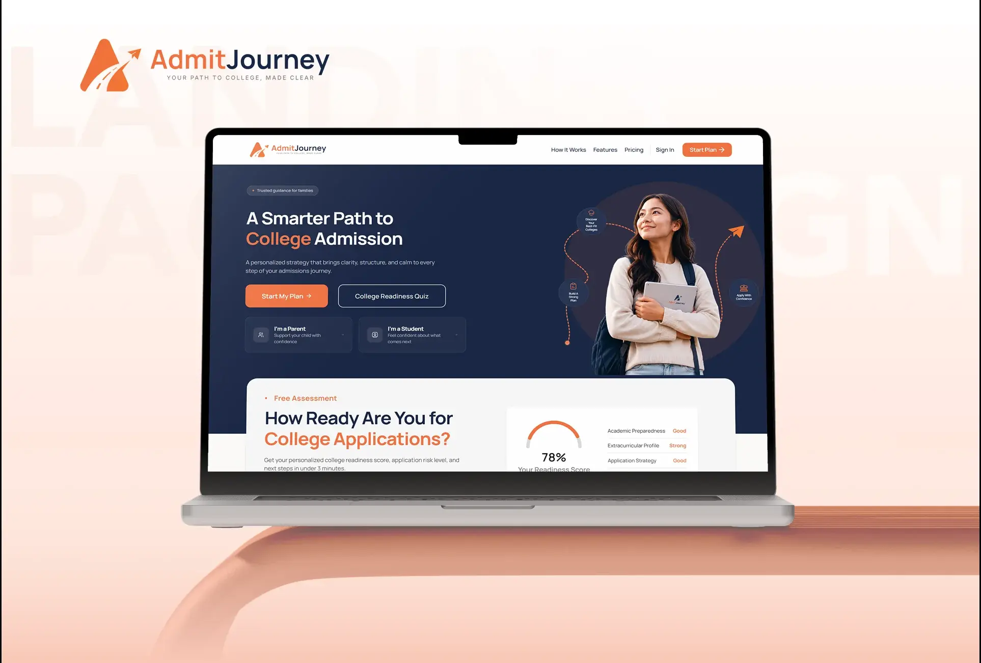 Admit Journey landing page hero on a laptop, headlined A Smarter Path to College Admission with parent and student entry points