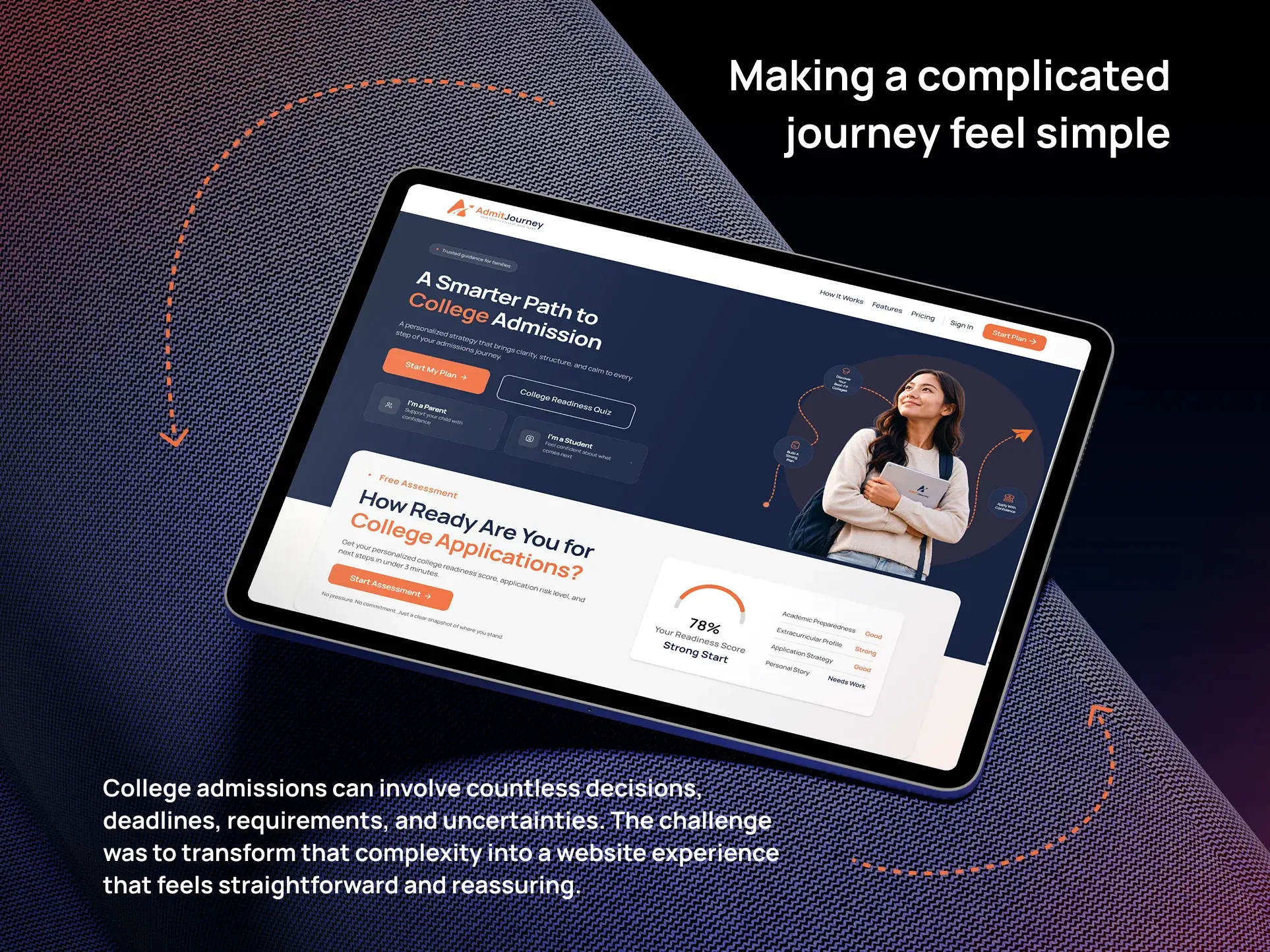 Tablet view of the landing page titled Making a complicated journey feel simple, above the challenge statement