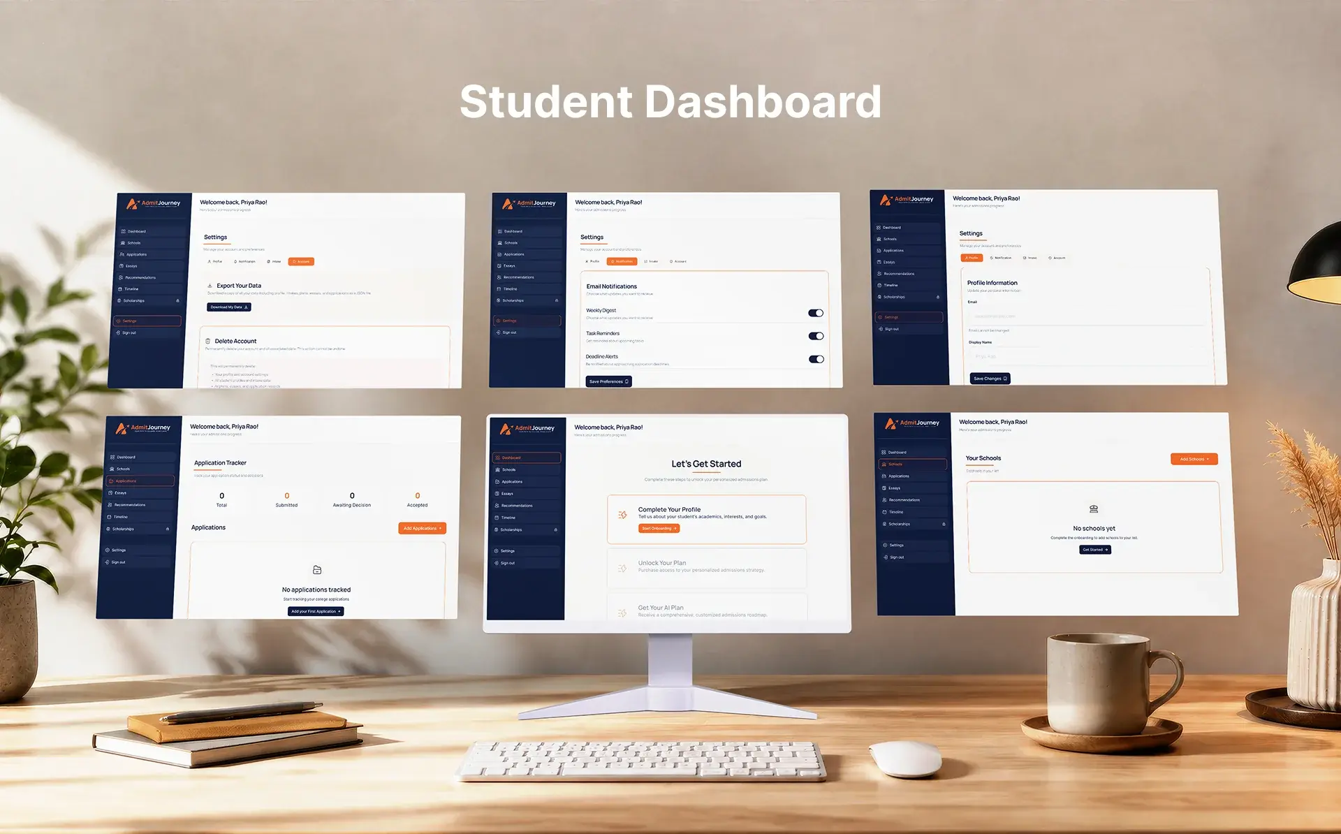 Student dashboard screens on a desk: application tracker, schools list, onboarding steps, profile settings, email notifications, and account controls