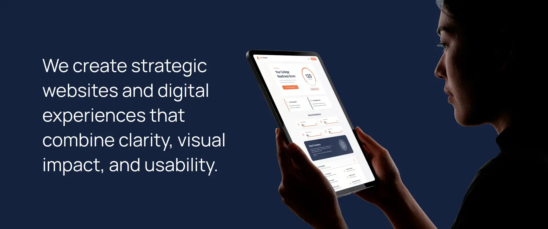 Studio statement beside the readiness score dashboard on a tablet: strategic websites and digital experiences combining clarity, visual impact, and usability