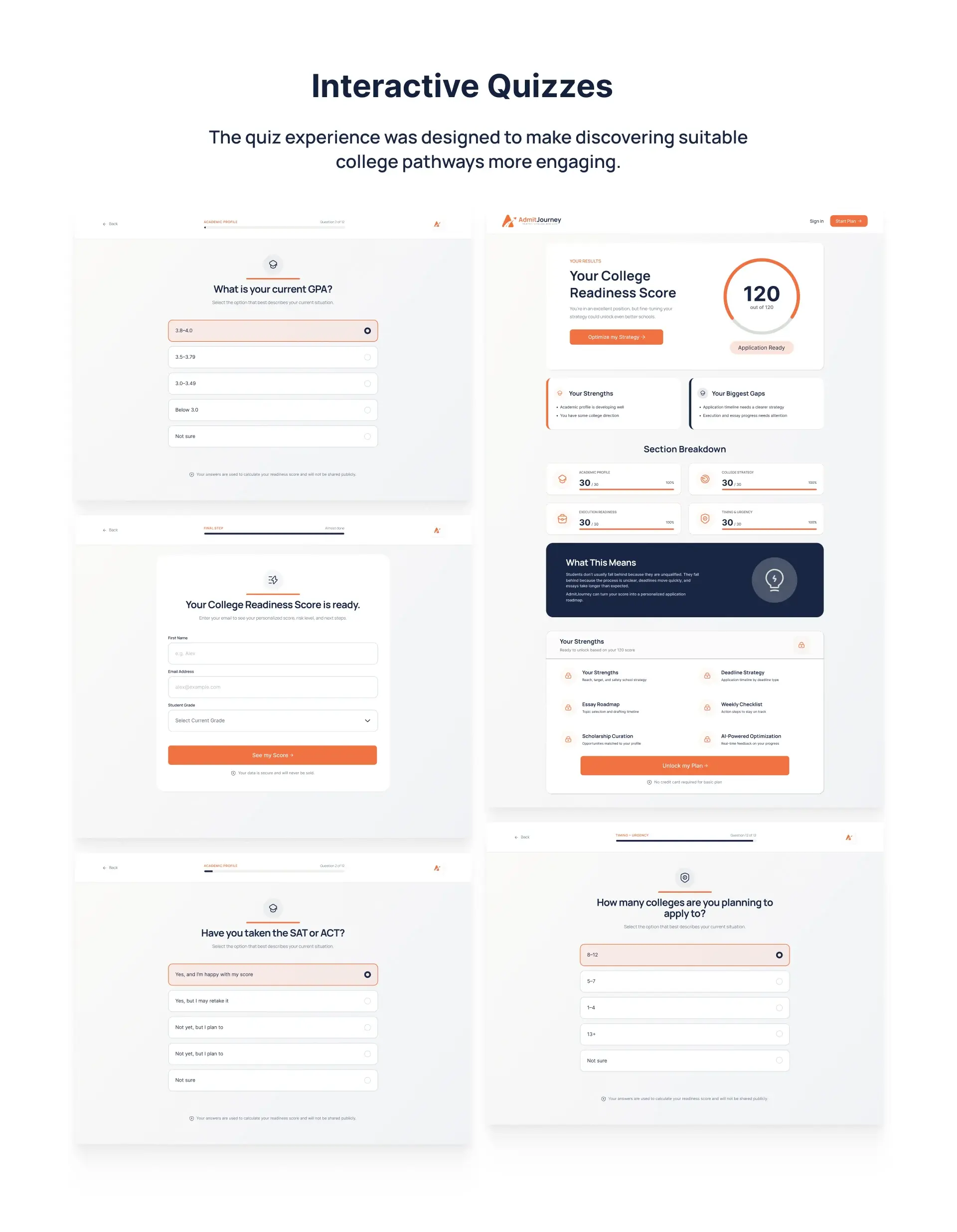Interactive quizzes: GPA and test-score questions, the email capture step, and the college readiness score result with section breakdown and next steps