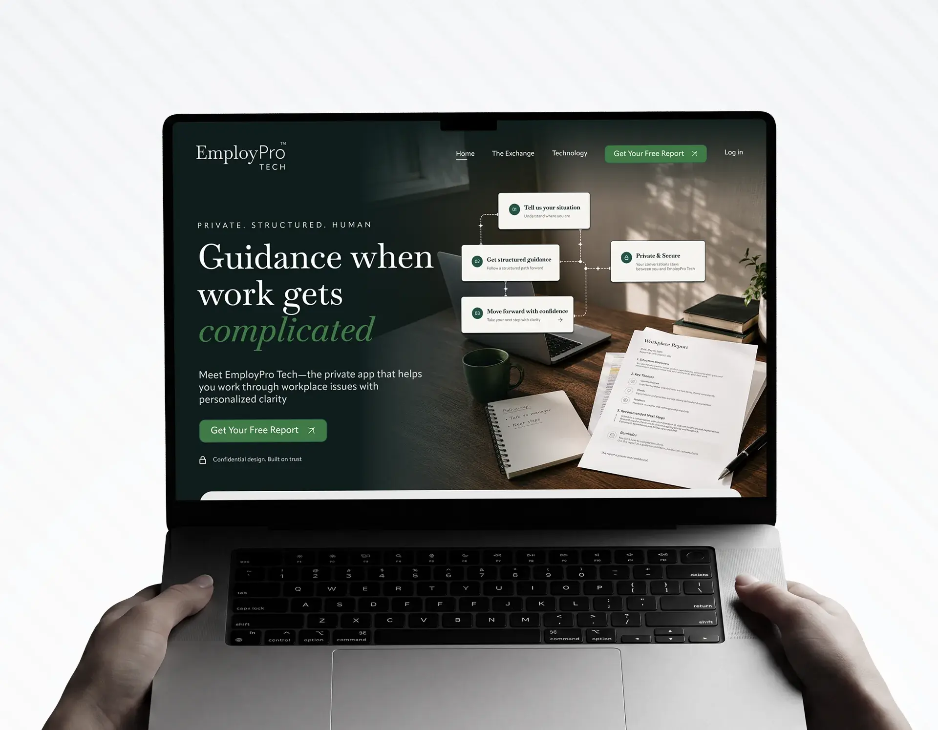 EmployPro Tech homepage on a laptop held in two hands, headlined Guidance when work gets complicated