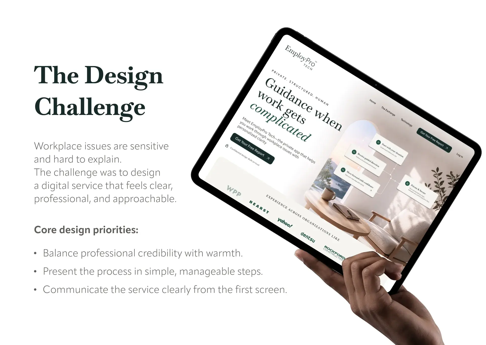 The design challenge slide: clear, professional and approachable, with the homepage hero on a tablet