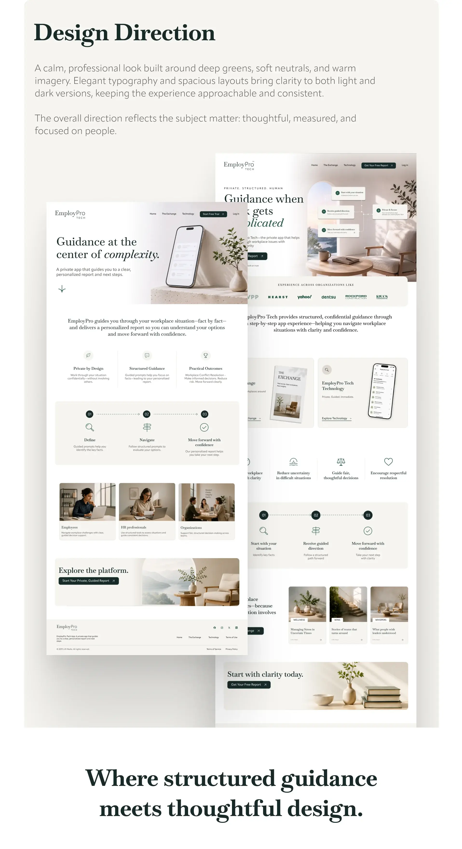 Design direction slide with two full-length pages: the homepage and the Technology page
