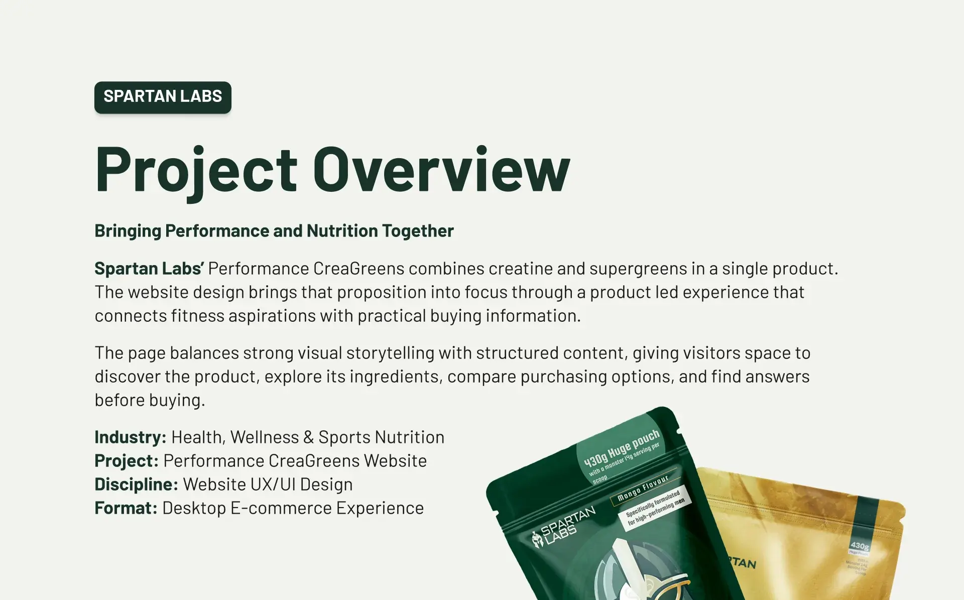 Project overview slide: bringing performance and nutrition together, a desktop ecommerce experience for the Performance CreaGreens website