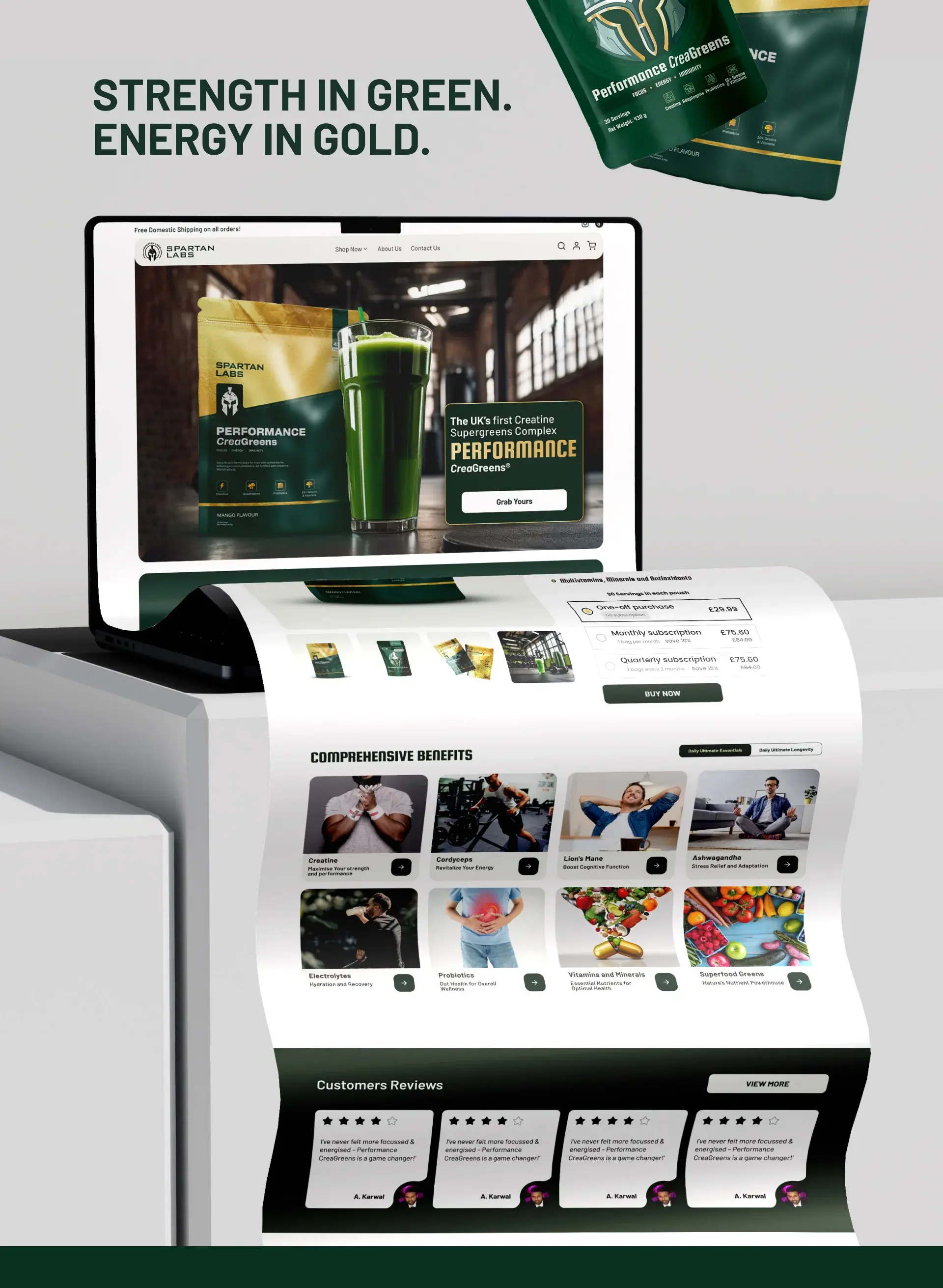 Strength in green, energy in gold: the homepage printing out of a laptop, from hero to benefits grid to customer reviews