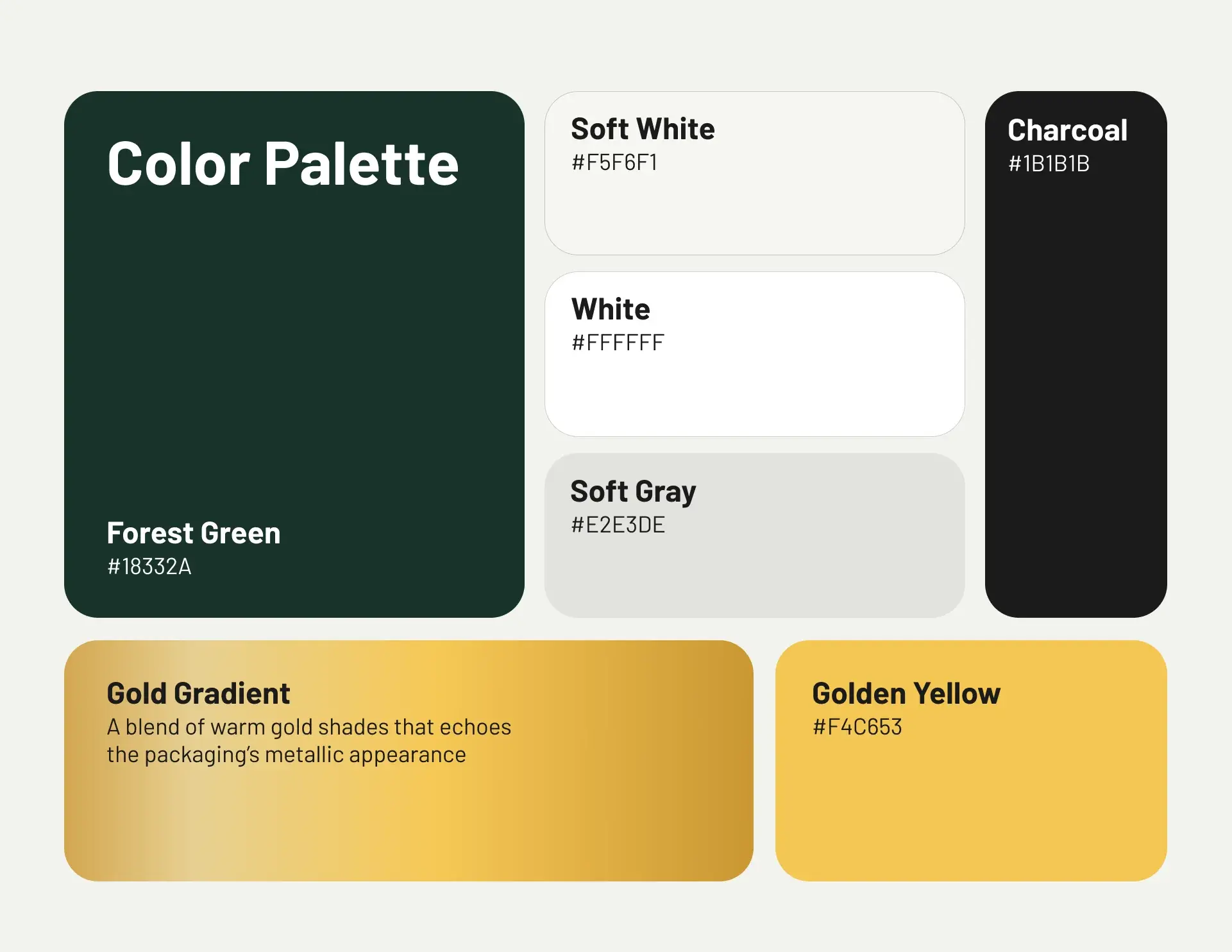 Color palette: forest green, soft white, white, soft gray, charcoal, a gold gradient and golden yellow