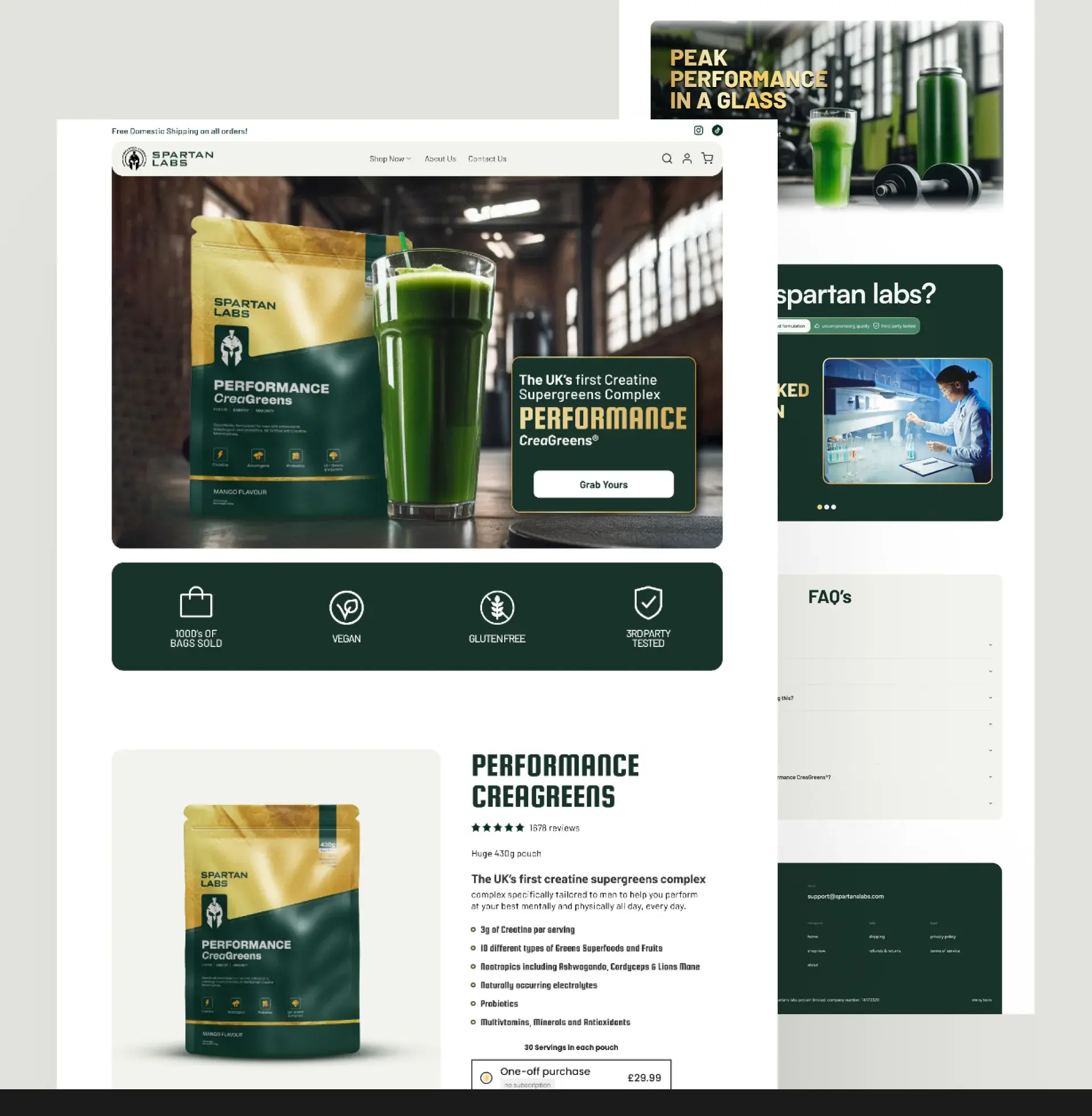 Product page and FAQ screens with the pouch and the mango flavour details