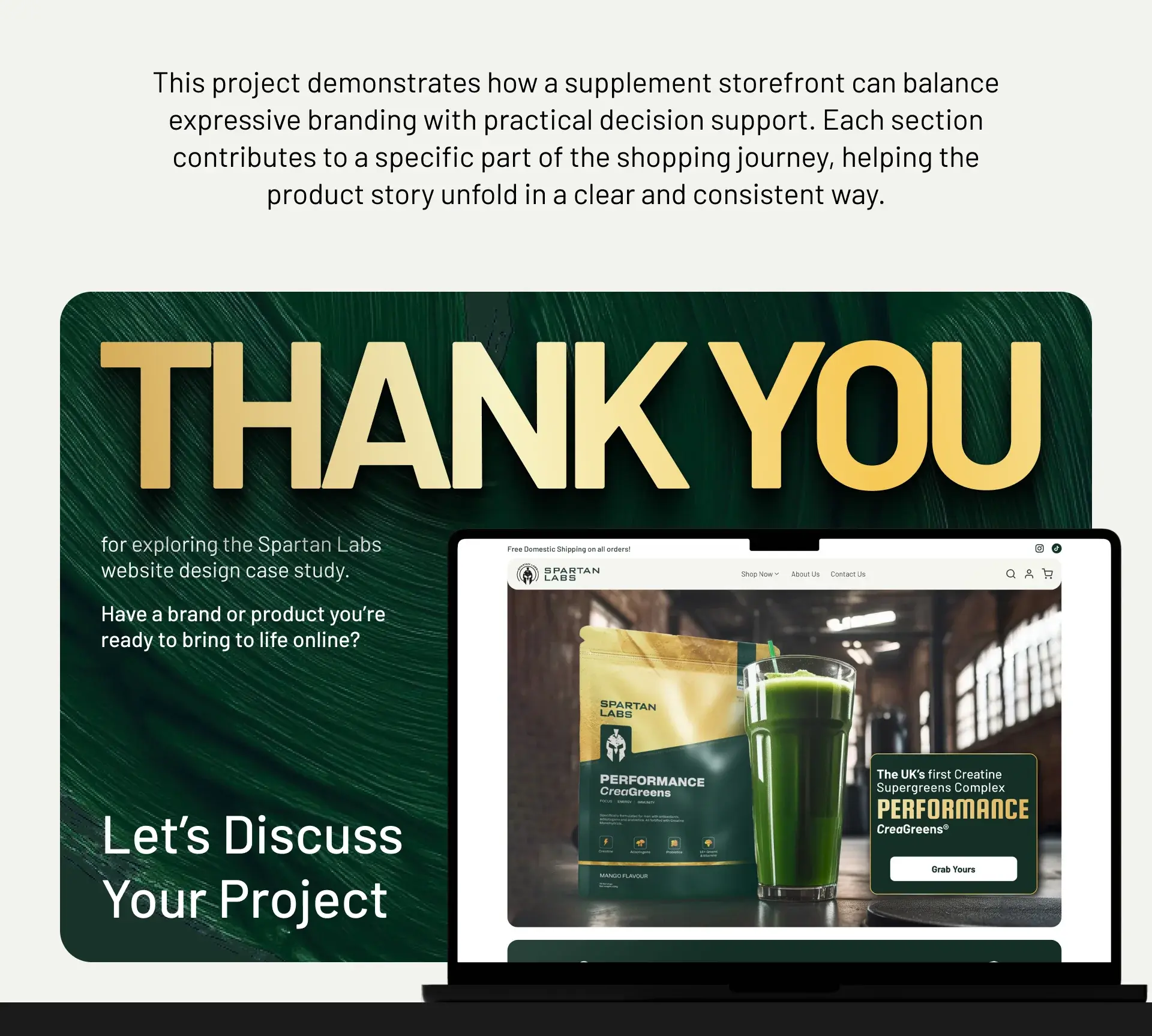 Thank you slide, let's discuss your project, with the storefront on a laptop