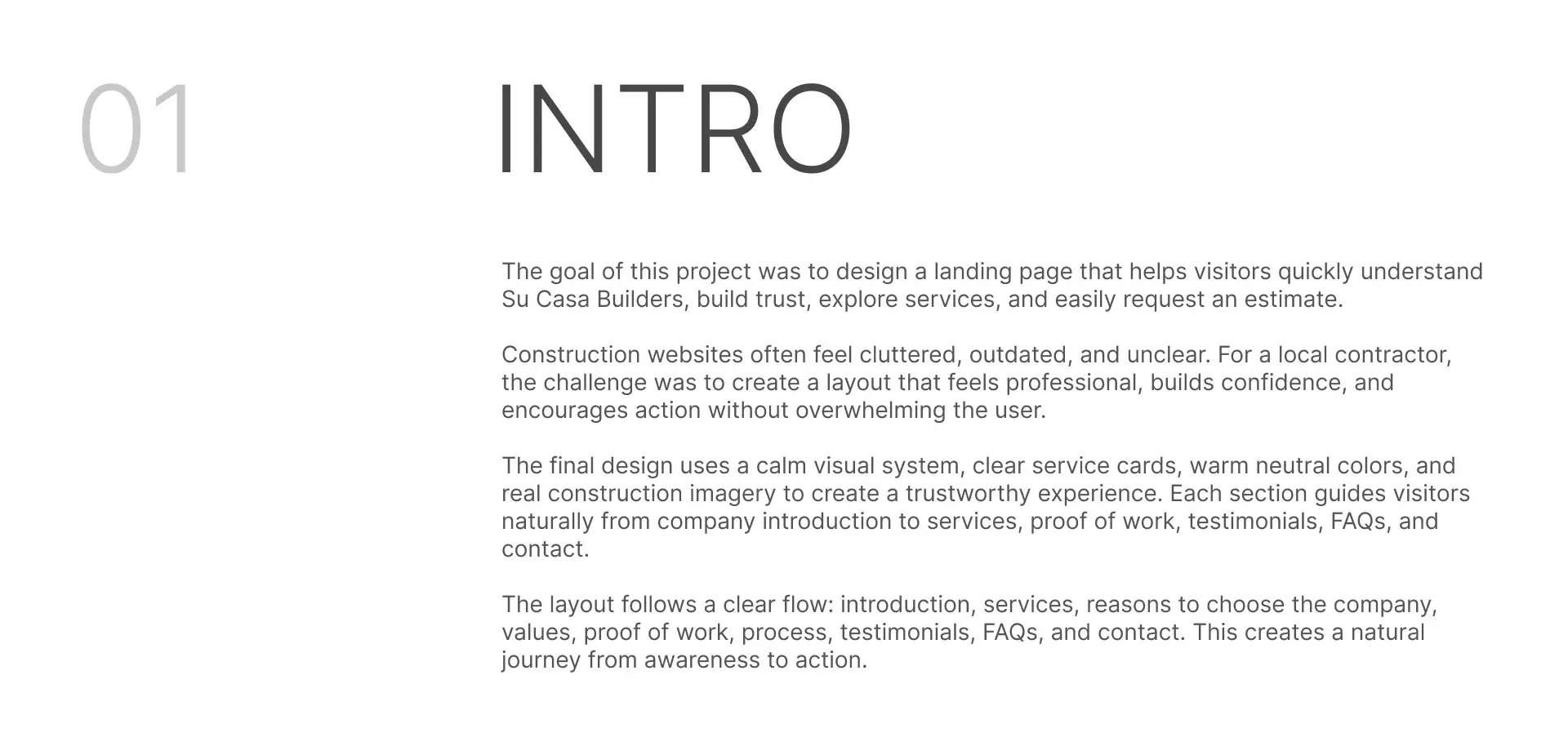 Intro slide describing the goal, the challenge of cluttered construction websites, and the calm, conversion-focused solution