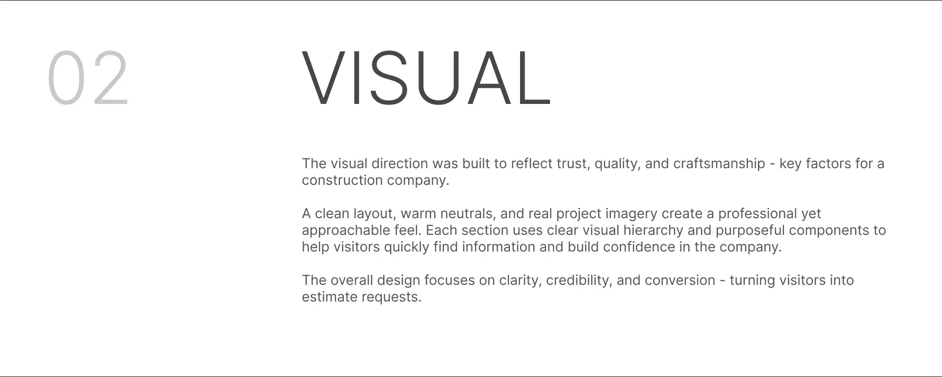 Visual direction slide: trust, quality, and craftsmanship through a clean layout, warm neutrals, and real project imagery
