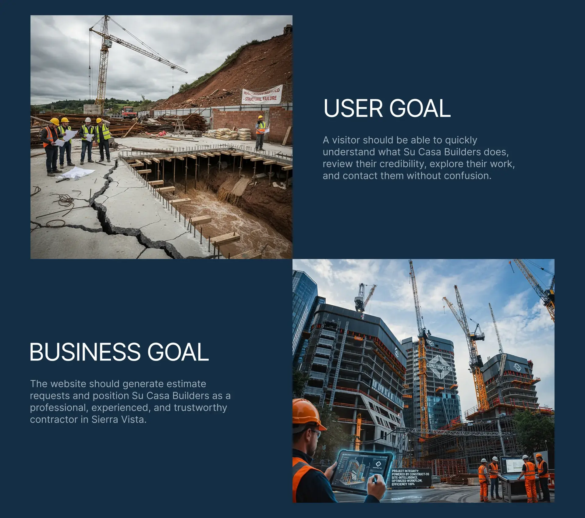 User goal and business goal slides: understand the company without confusion, and generate estimate requests in Sierra Vista