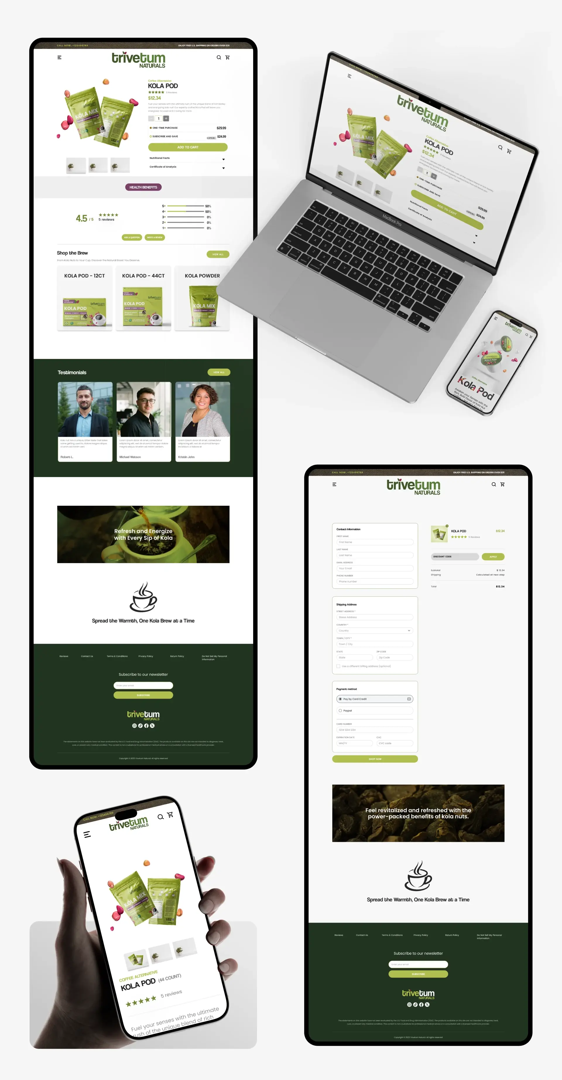 Full-length desktop pages of the Trivetum Naturals site shown on a laptop and a phone