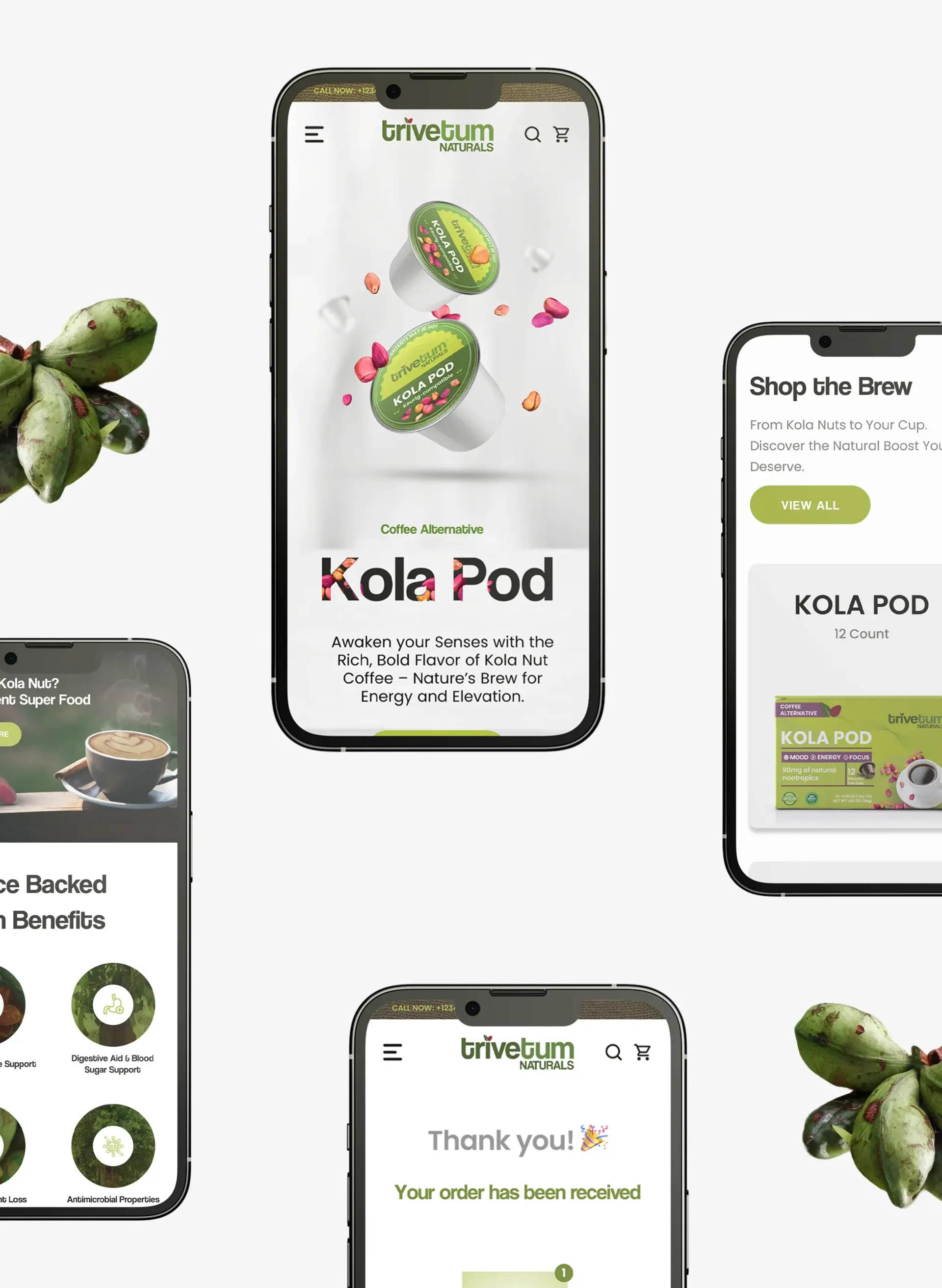 Mobile screens: the Kola Pod product page, Shop the Brew, the benefits list and the order confirmation
