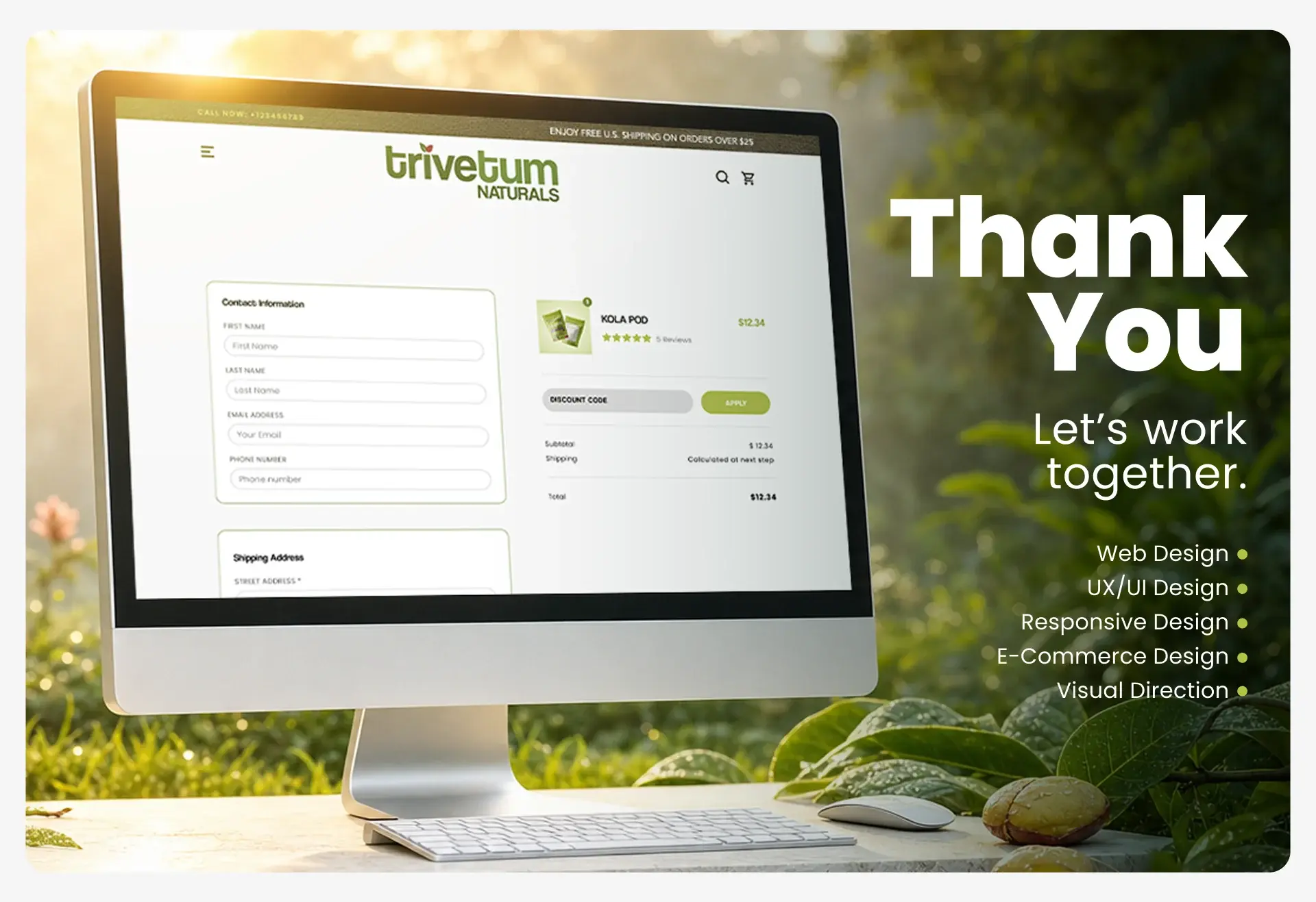 Thank you slide with the storefront on a desktop monitor in the forest