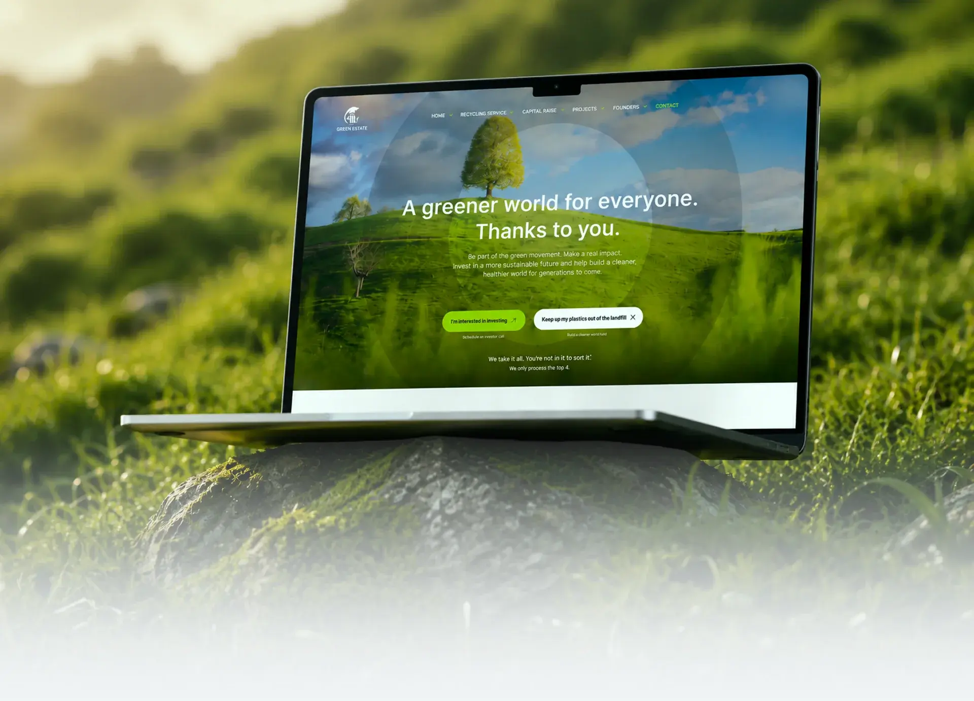 Urban Reblok'd homepage hero on a laptop in a green meadow: a greener world for everyone, thanks to you, with investor and recycling calls to action