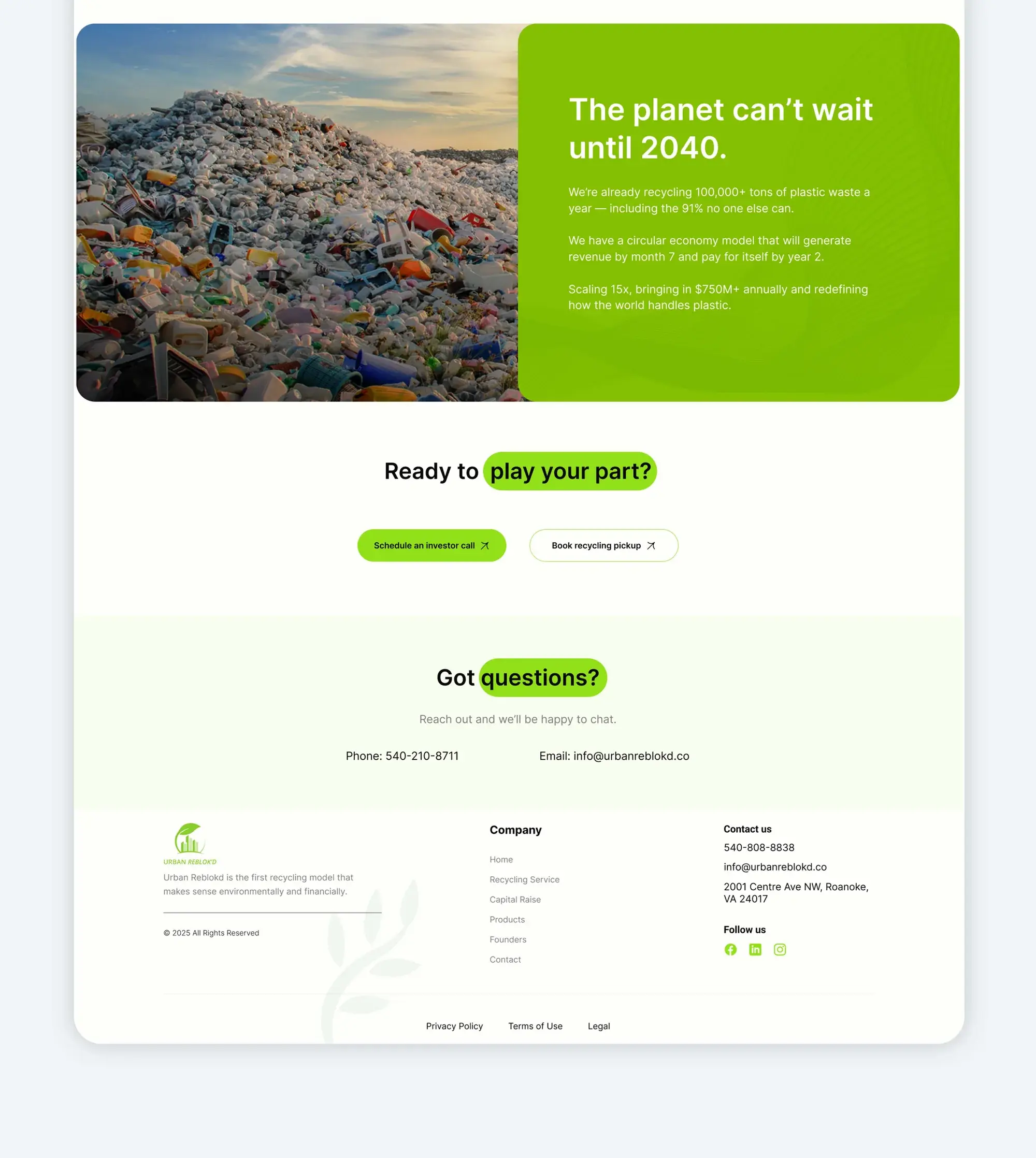 The planet can't wait until 2040, above the closing calls to action and the contact details and footer