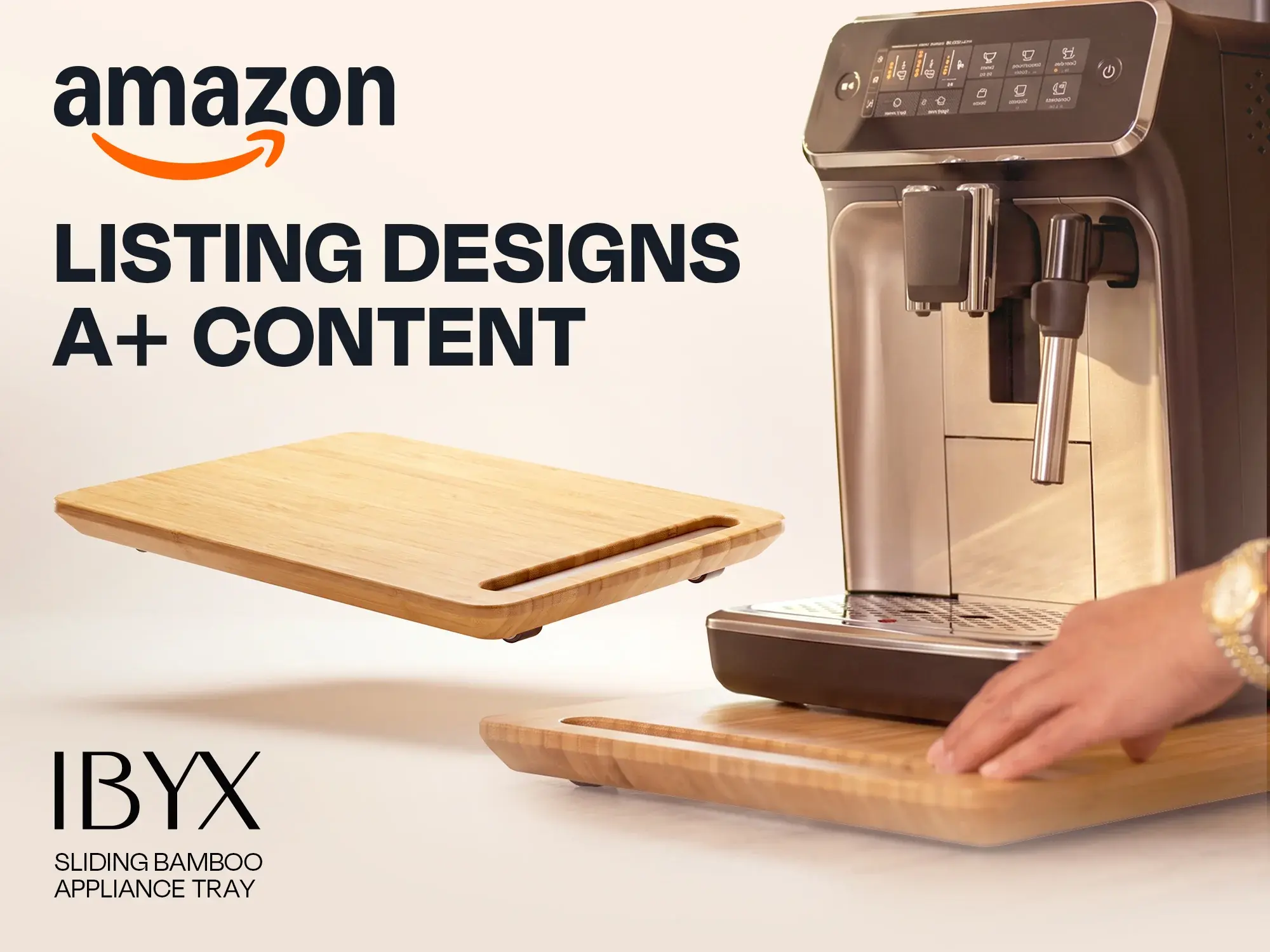 IBYX sliding bamboo appliance tray Amazon listing title frame with a coffee machine gliding on the tray