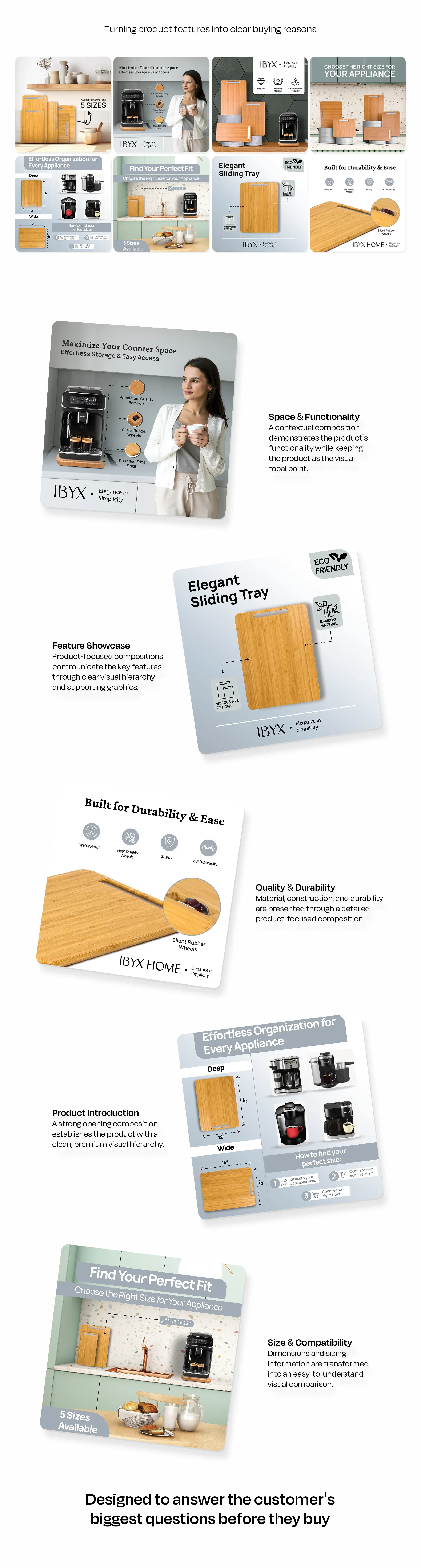 The full IBYX listing image set: space-saving design, elegant sliding tray, built for durability and ease, and size options