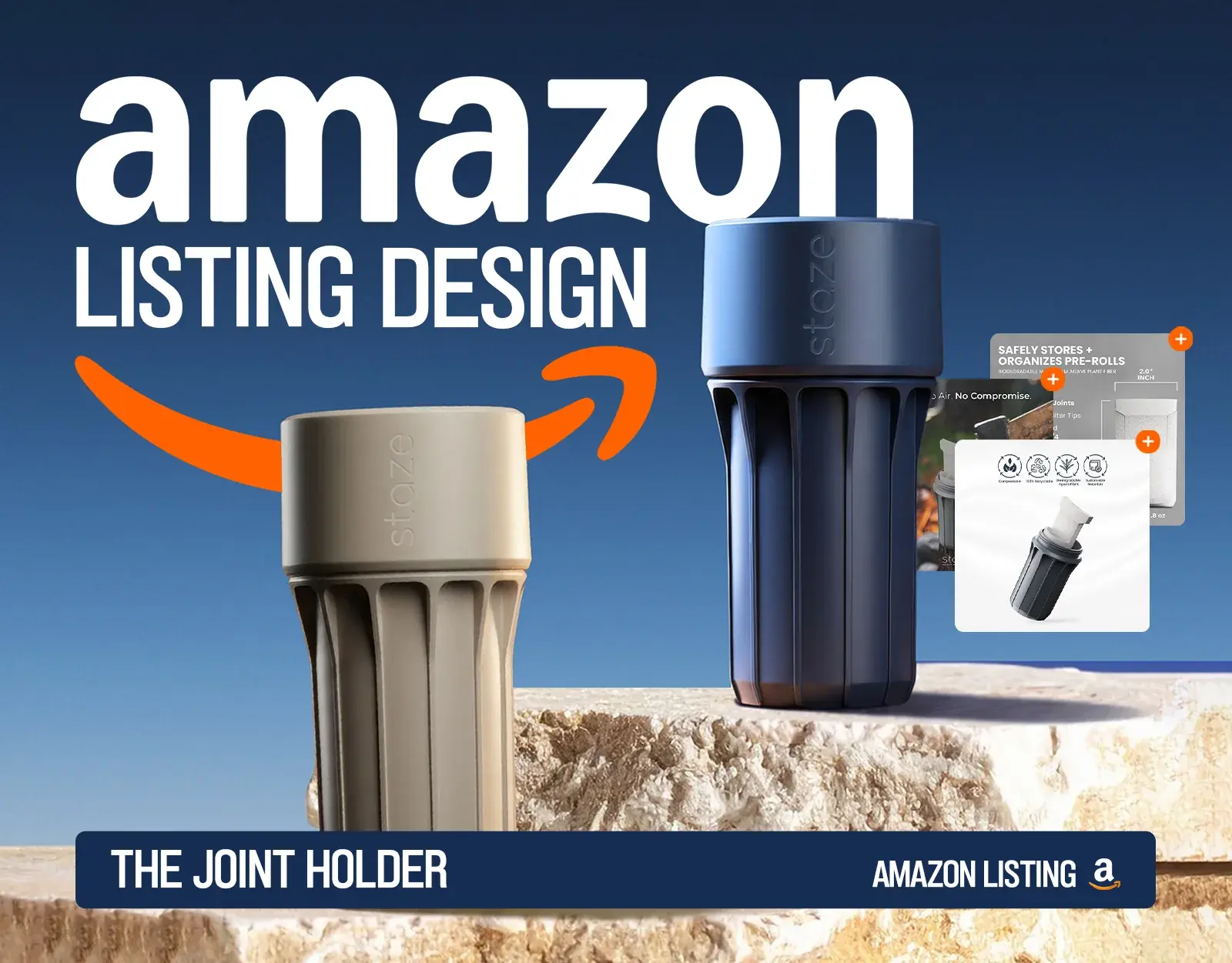 Amazon listing design title frame for the Staze Joint Holder on a rock ledge