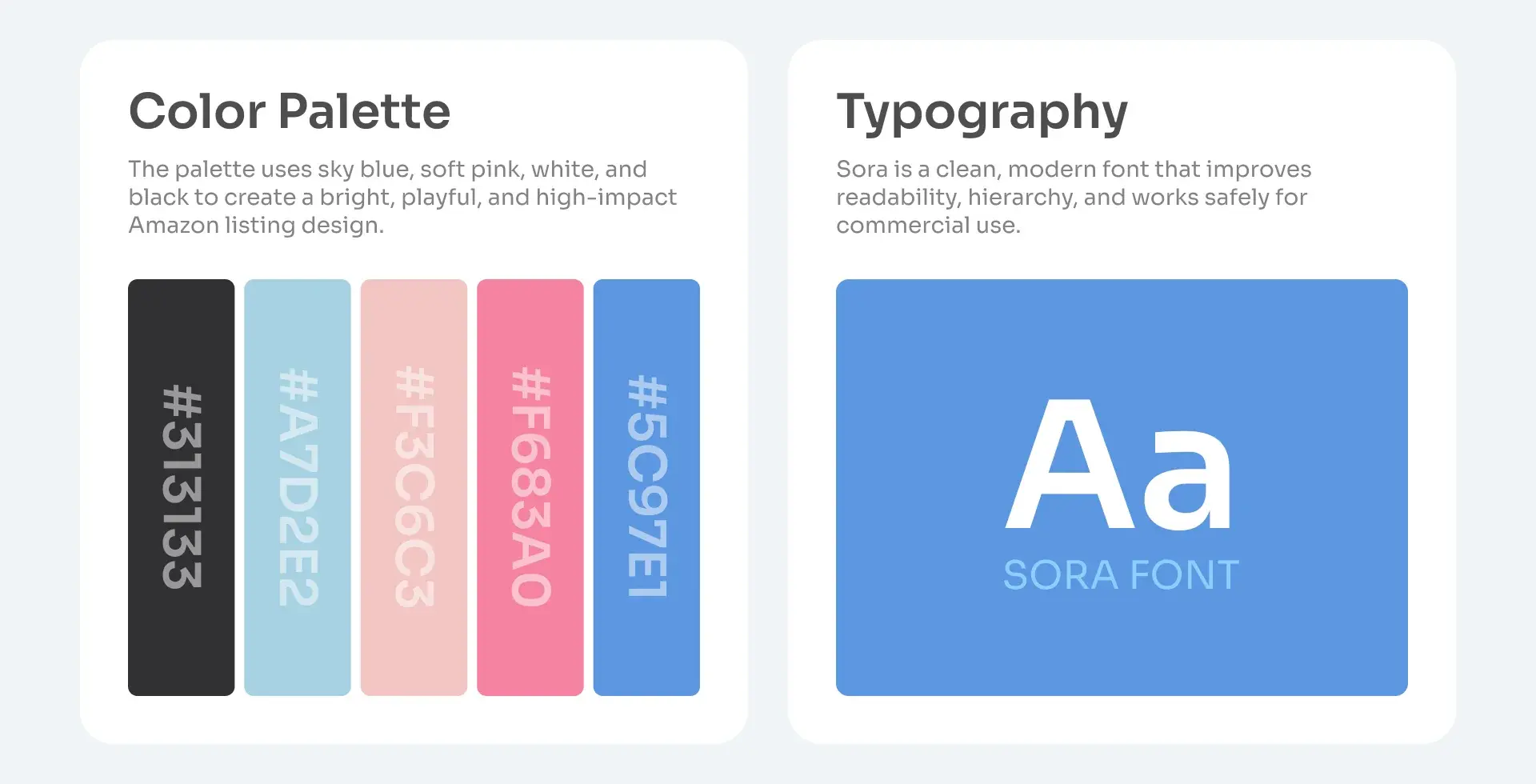 Colour palette in sky blue, soft pink, white and black, and the Sora typeface chosen for the Sucky listing