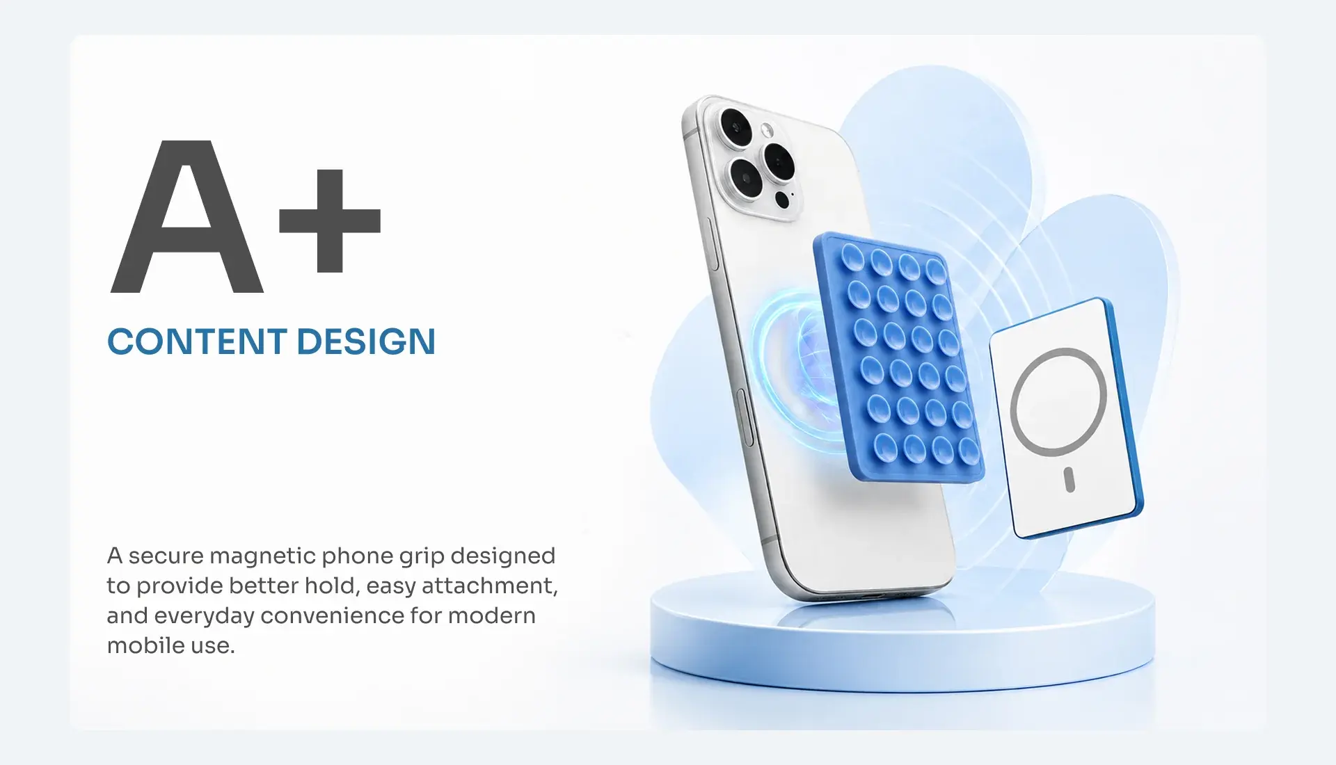 A+ Content design frame introducing the Sucky magnetic phone grip on a soft blue backdrop