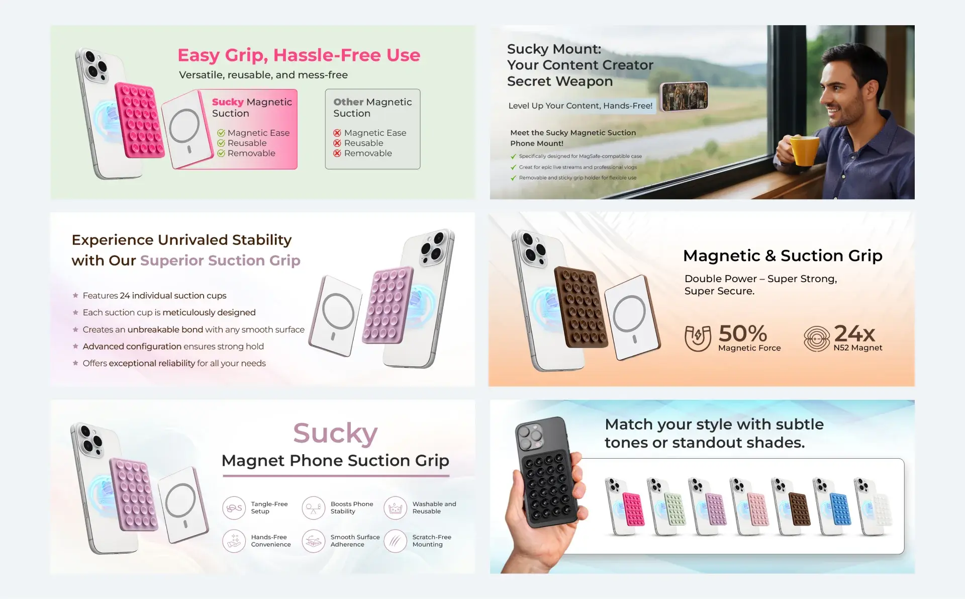 Set of Sucky listing images: easy hassle-free use, stability, magnetic and suction grip, and colour options