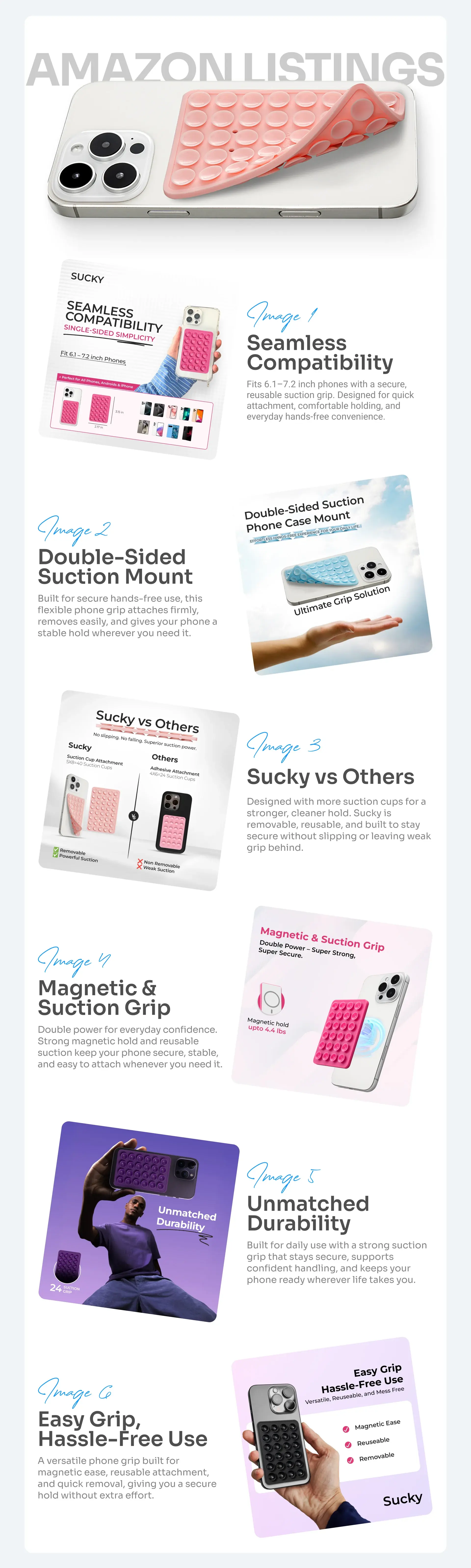 Full Sucky A+ Content page: seamless compatibility, double-sided suction mount, Sucky versus others comparison and magnetic plus suction grip modules