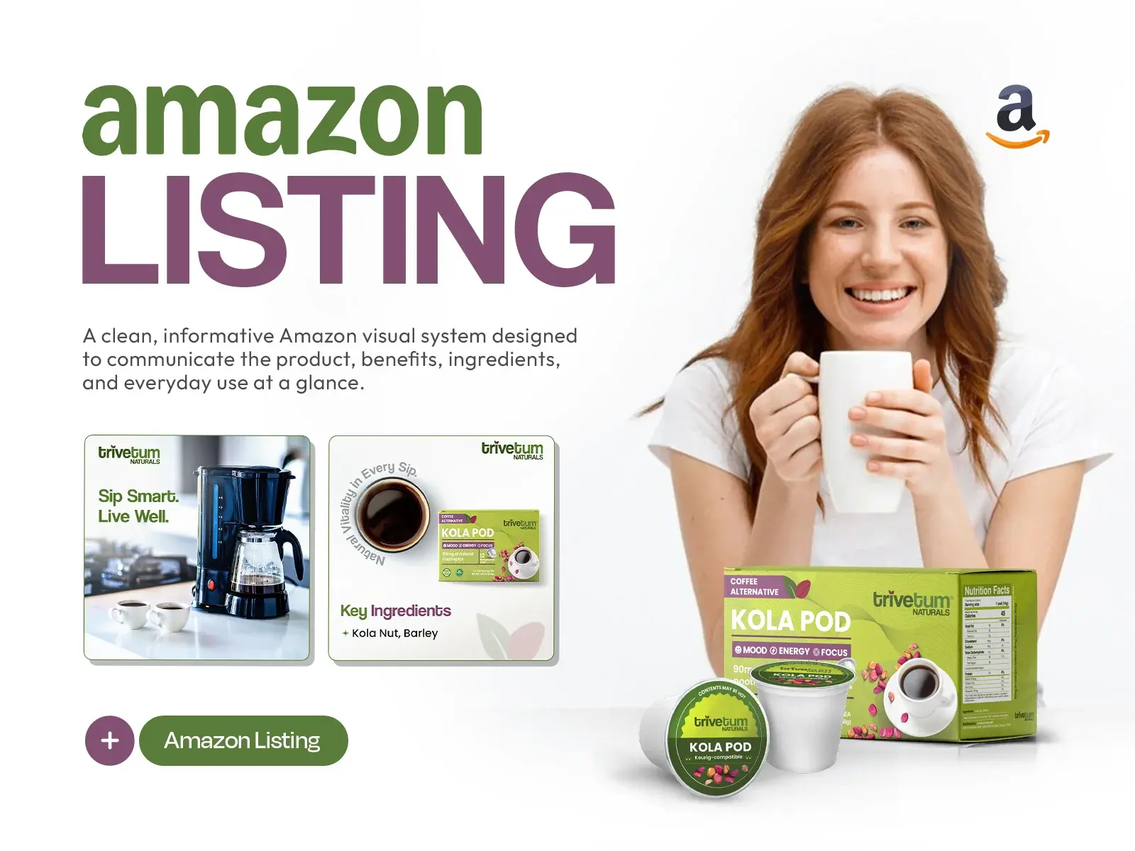 Trivetum Kola Pod Amazon listing title frame with a smiling woman holding a mug beside the pod box
