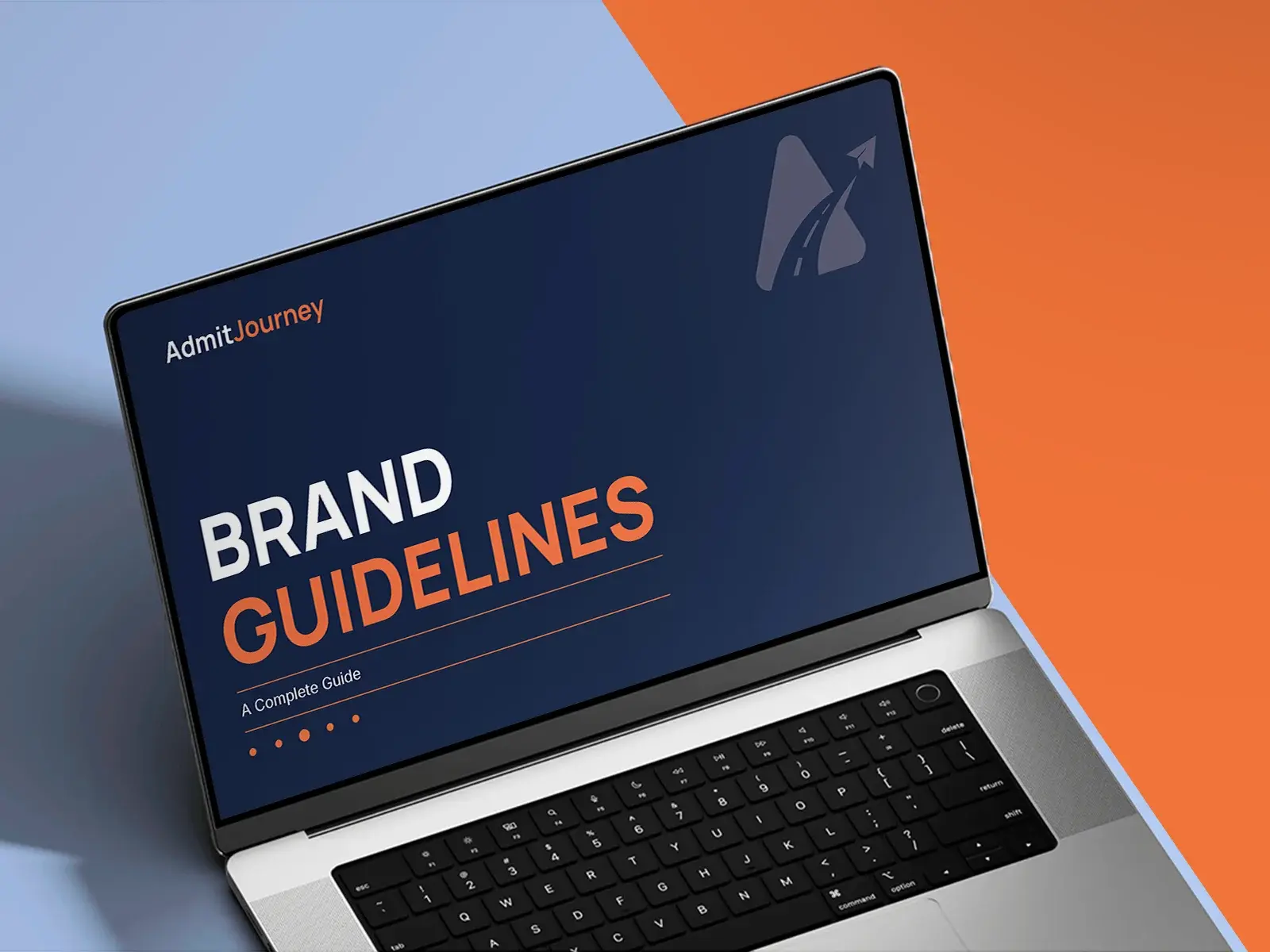 Case study title slide: a laptop showing the Admit Journey brand guidelines cover on navy and orange